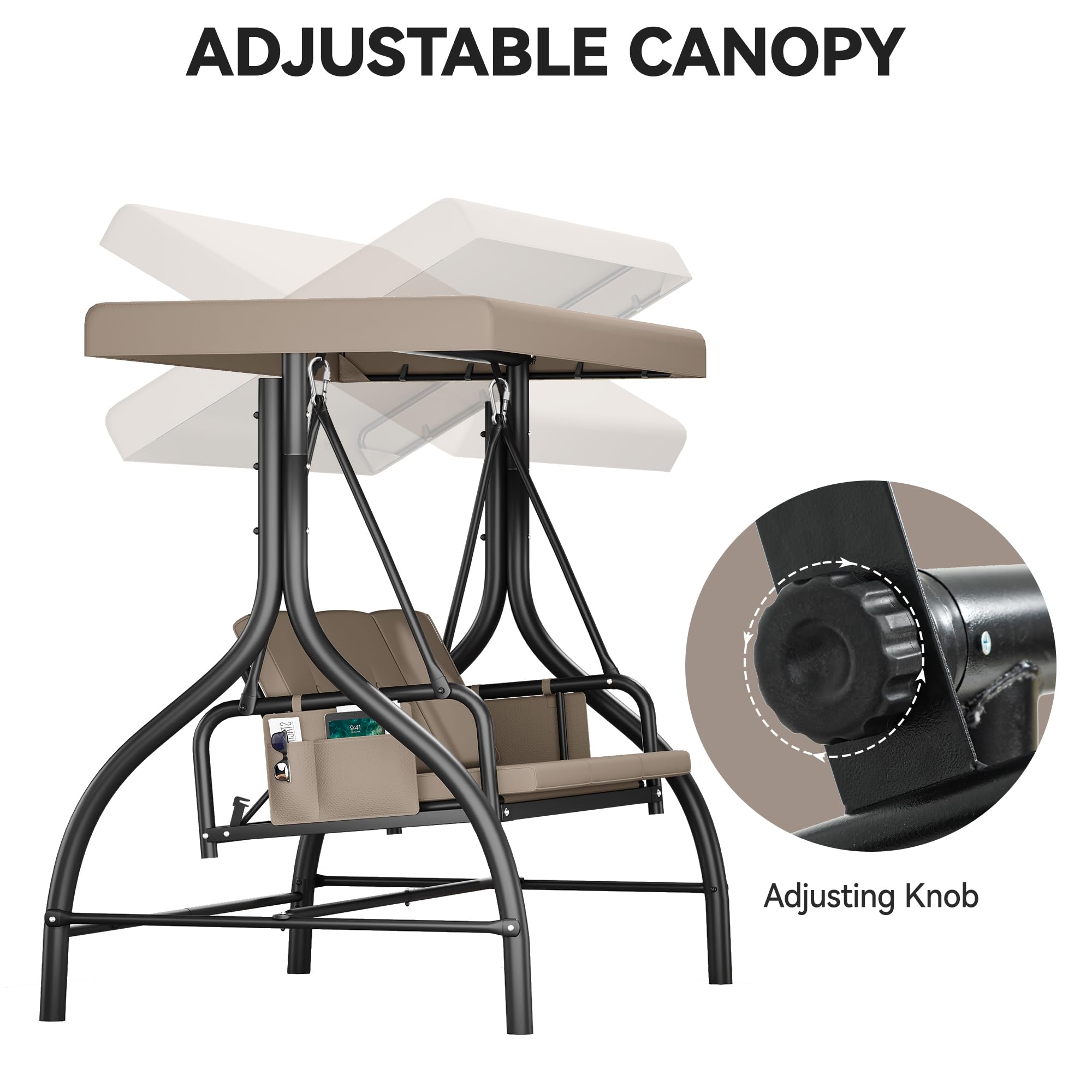 DWVO 3-Seat Outdoor Porch Swing with Adjustable Canopy - Heavy Duty Swing Chair with Removable Cushion, Backyard (Gray)