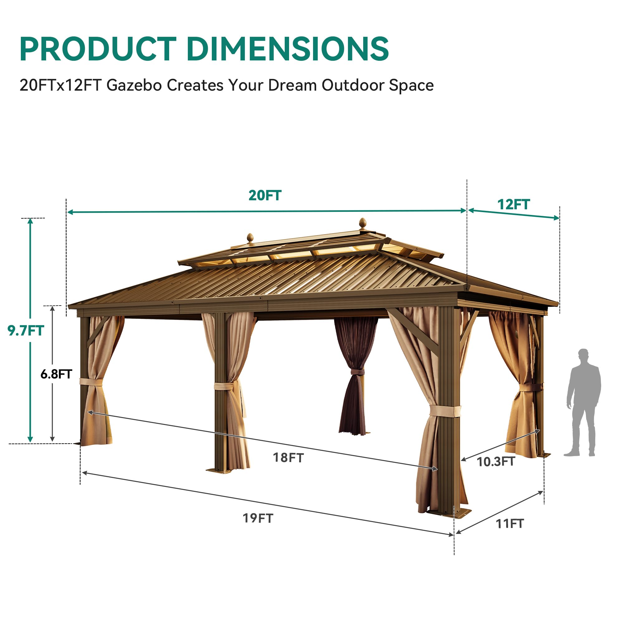 YITAHOME 12X20FT Hardtop Gazebo Double Roof Canopy Galvanized Iron Aluminum Pillar Garden Tent Curtains Netting for Patios Backyards Decks Lawns
