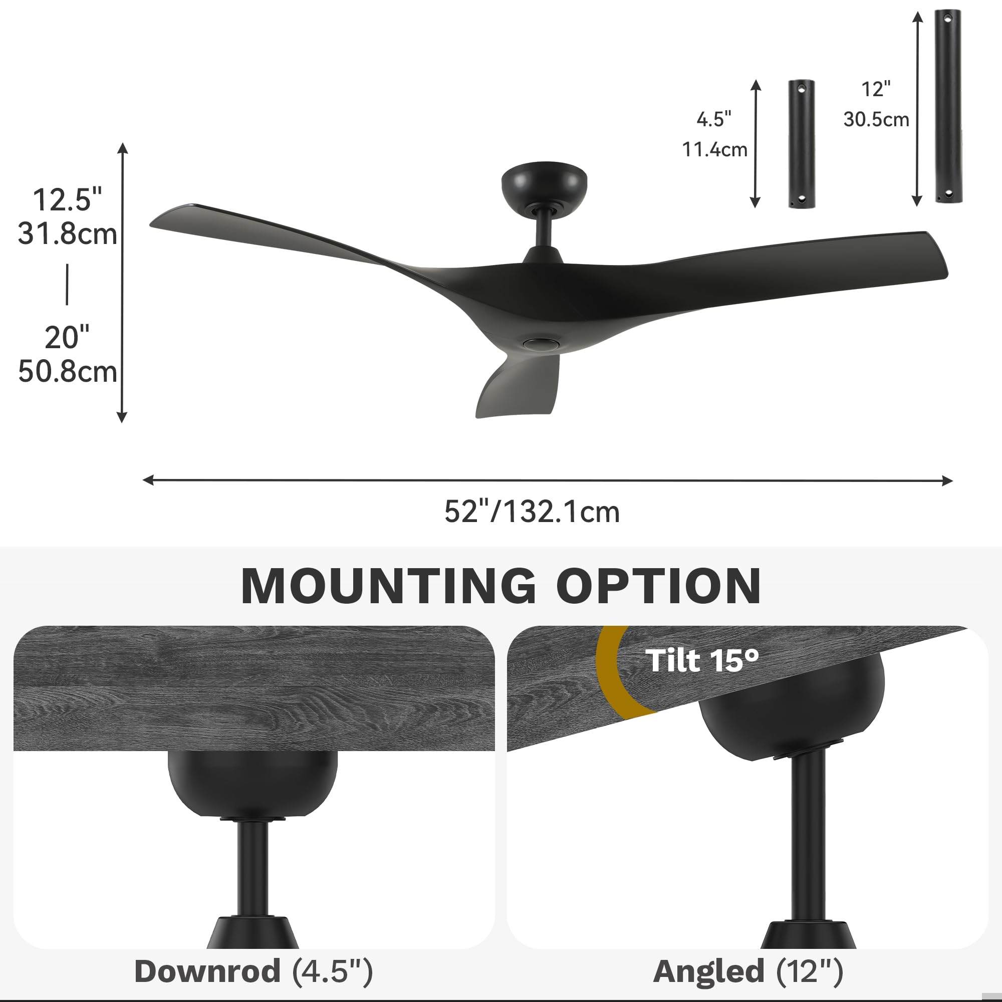 DWVO 52" Ceiling Fan with Remote, 3 Blade Ceiling Fans Reversible 6 Speeds with Quiet DC Motor and 2 Downrods for Bedroom, Living Room, Dining Room, Patio, Office