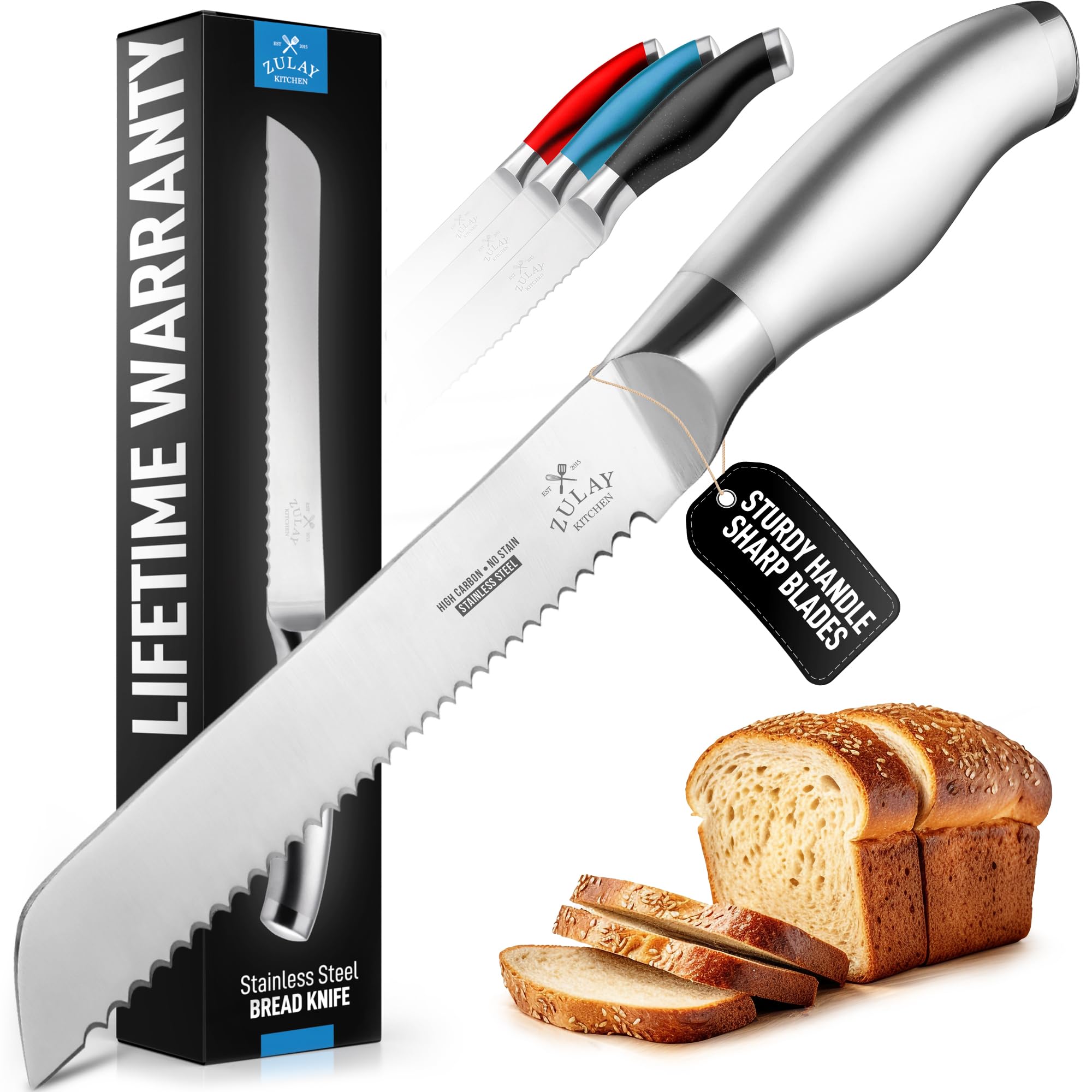 Zulay Kitchen Bread Knife – Ultra Sharp 8-Inch Serrated Stainless Steel Blade for Homemade Bread, Bagels & Cakes – Wavy Edge Bread Slicer with 5-Inch Handle – Silver
