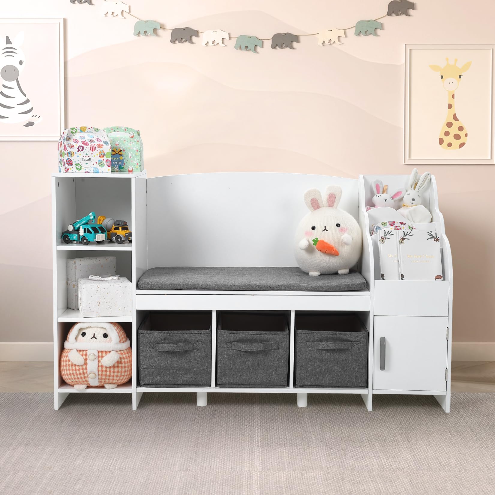 GarveeHome Kids Bookshelf with Reading Nook, Bookcase with Detachable Cushion, Adjustable Shelf,Storage Organizer with Book Rack for Bedroom, Playroom, Gift for Boys and Girls, White