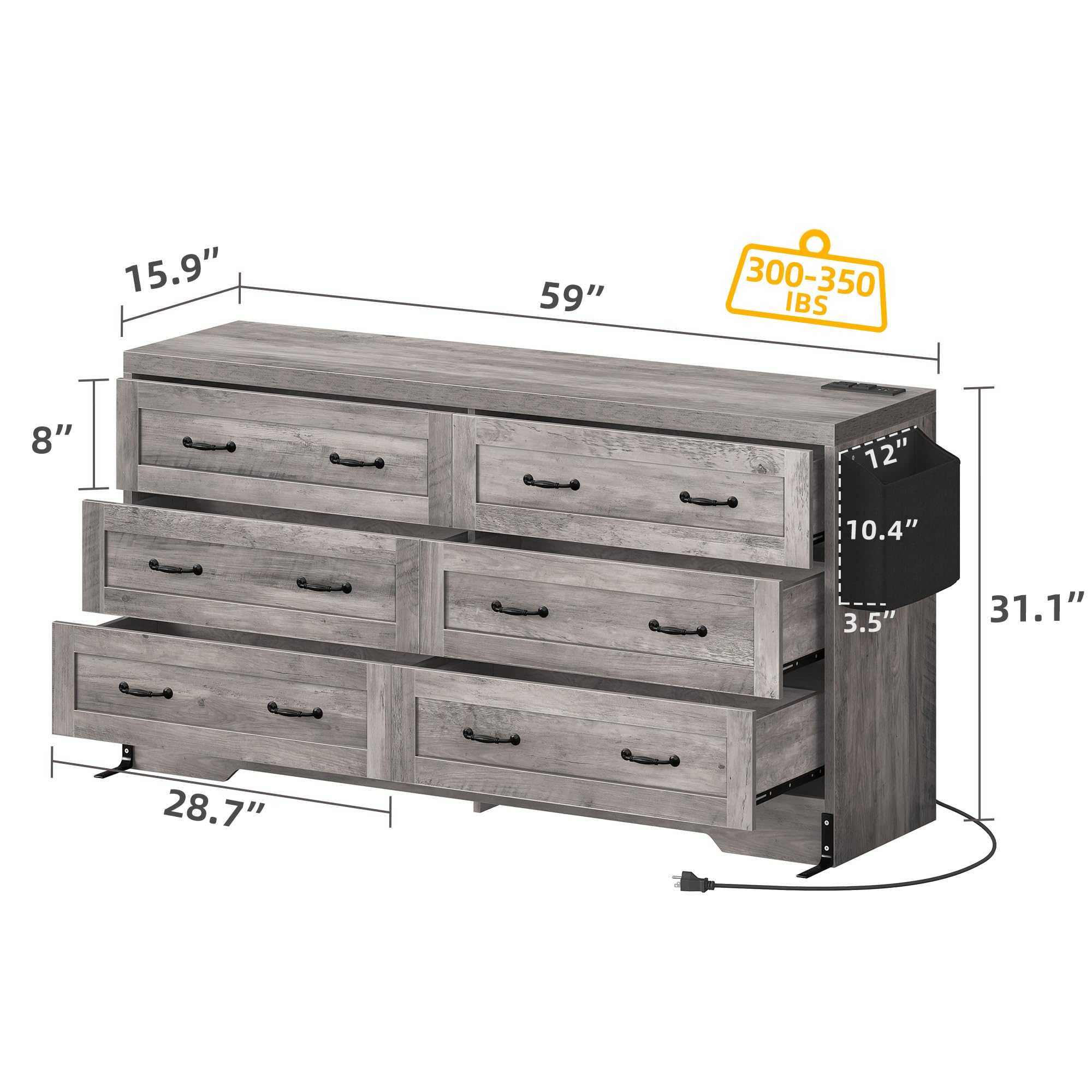 DWVO Farmhouse 6 Drawer Dresser for Bedroom, 59" Wide Large Modern Dresser TV Stand with Drawers & Bar Handles, Storage Dressers with Power Outlets, Rustic Wood Chest of Drawers, Grey