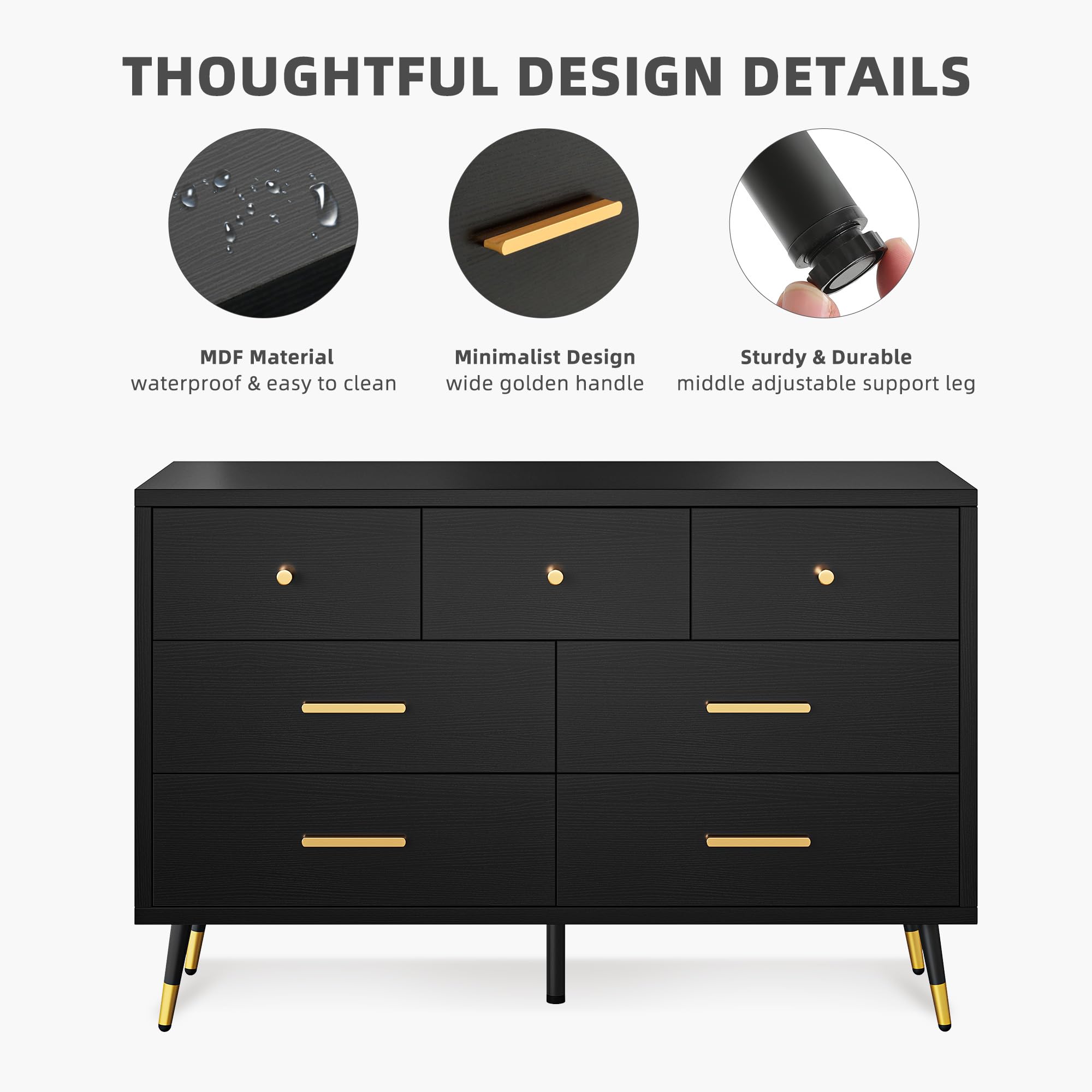 DWVO Black Dresser,7 Drawer Dresser with Wide Drawers and Gold Metal Handles, Wood Dressers & Chest of Hallway, Entryway