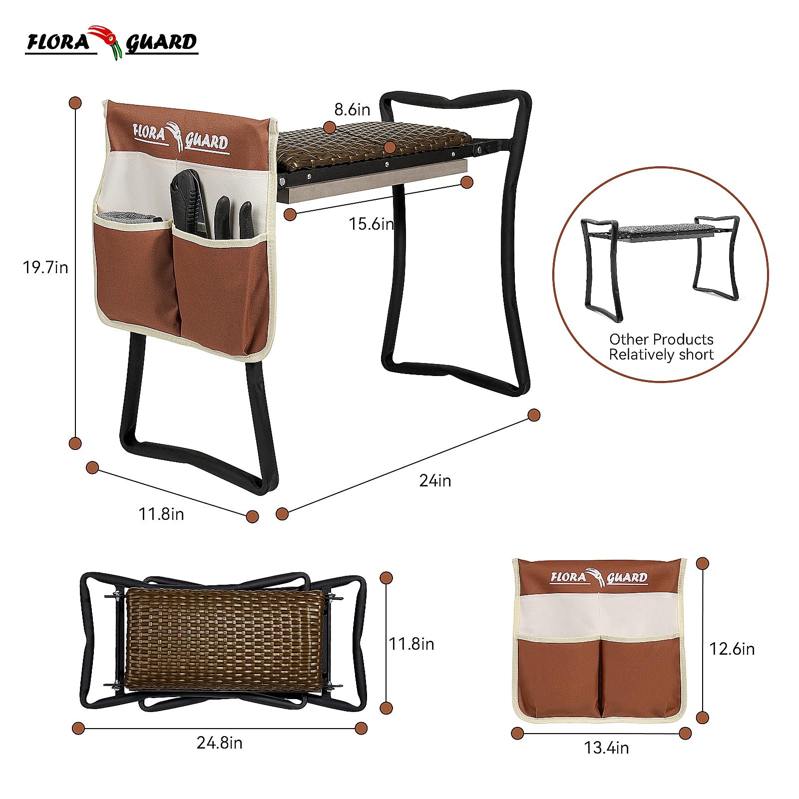 FLORA GUARD Garden Kneeler and seat, Folding seat with Tool Bag, Rattan Cushion, Heavy Duty Carbon Steel Construction, Perfect Gardening Gift for Seniors and Women