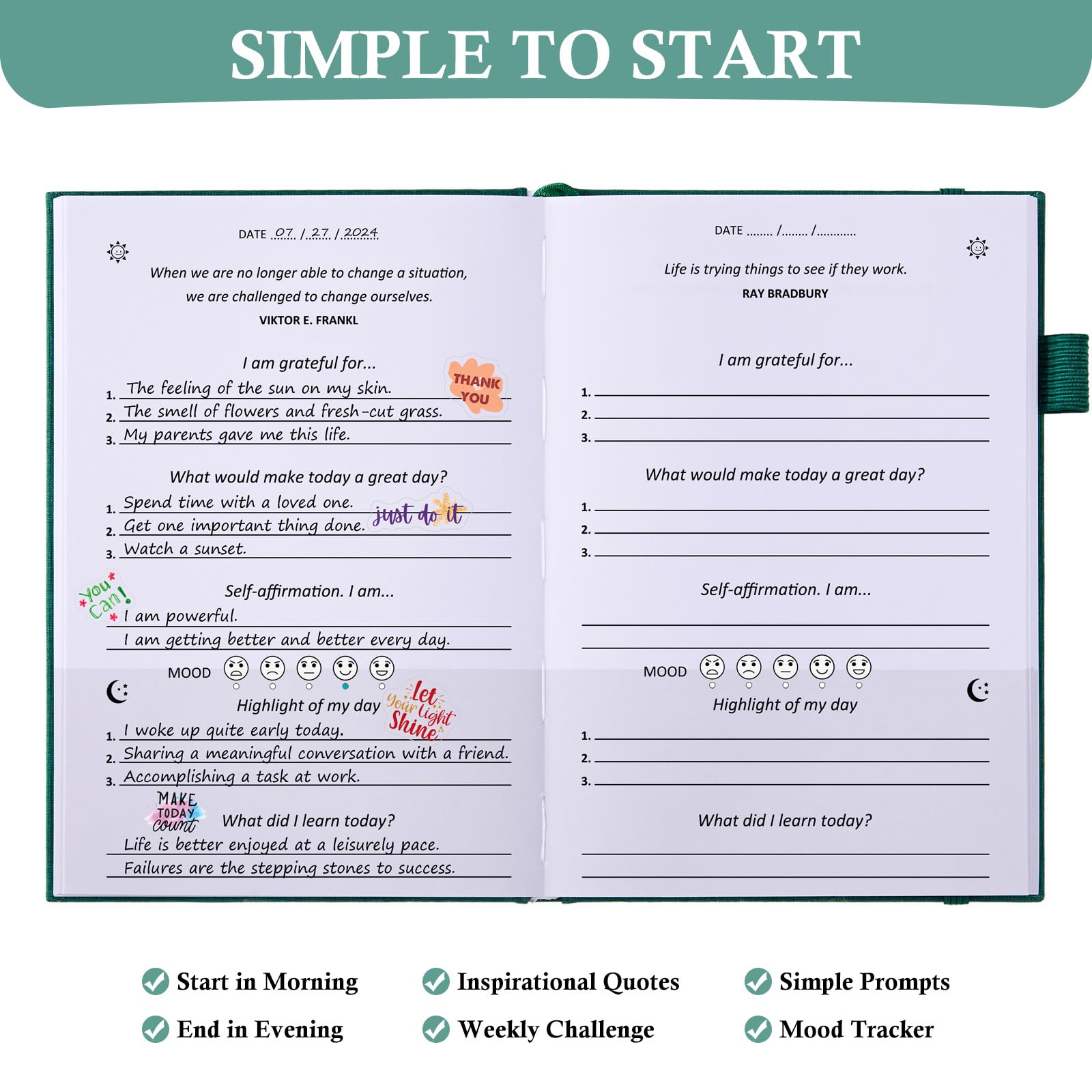 Comkiso Gratitude Journal with 4 Inspirational Stickers: Undated Daily Gratitude Journal for Women and Men - More Happiness, Affirmation, and Mindfulness in A Few Minutes with Prompts & Quotes (Green)