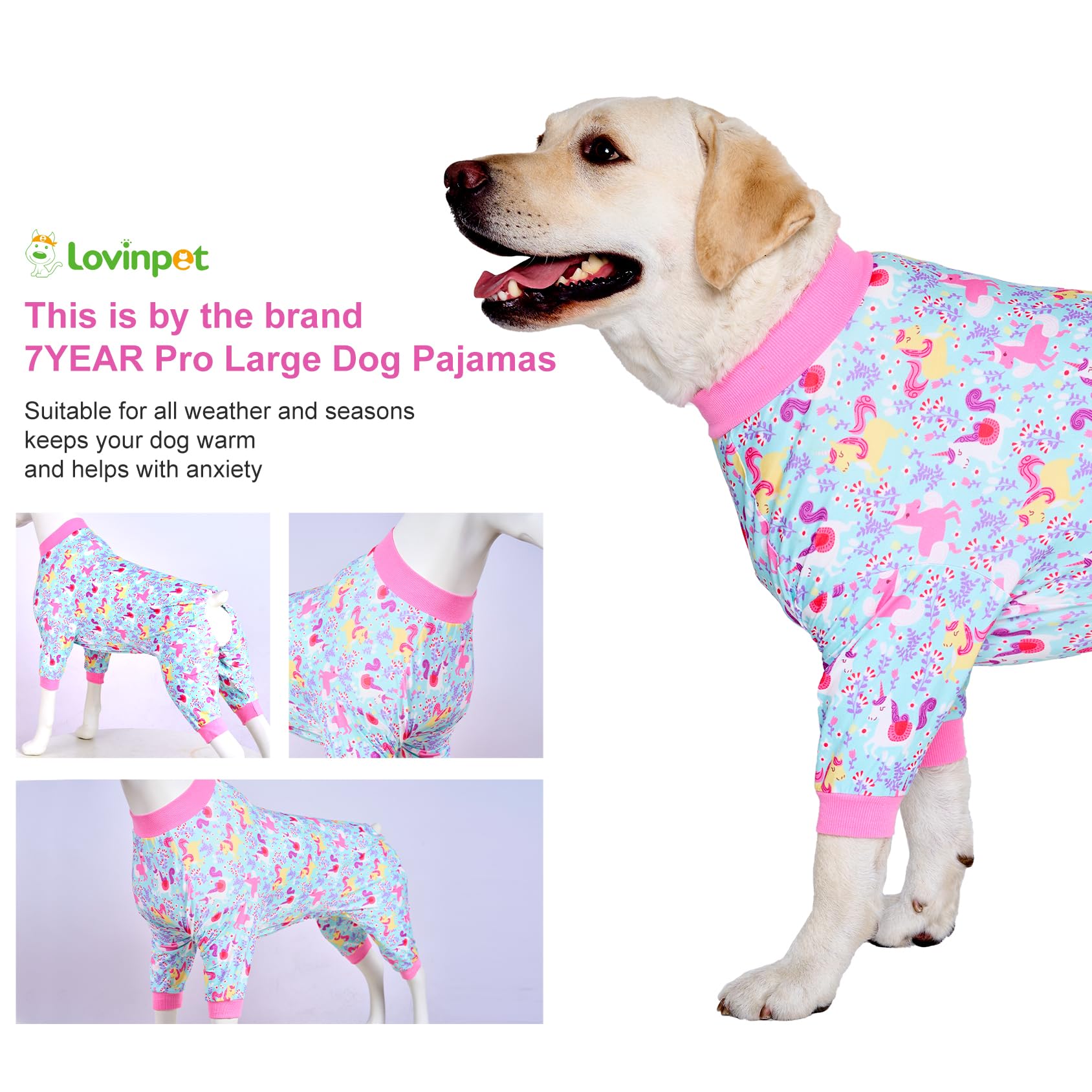 LovinPet Dog Pajamas, Large, Seafoam Unicorn Print, Stretchy, Post Surgery Recovery Suit for Pitbull, 65% Cotton, Breathable, Machine Washable, Pull On, Fantasy Style, Pajamas, Dog Shirt