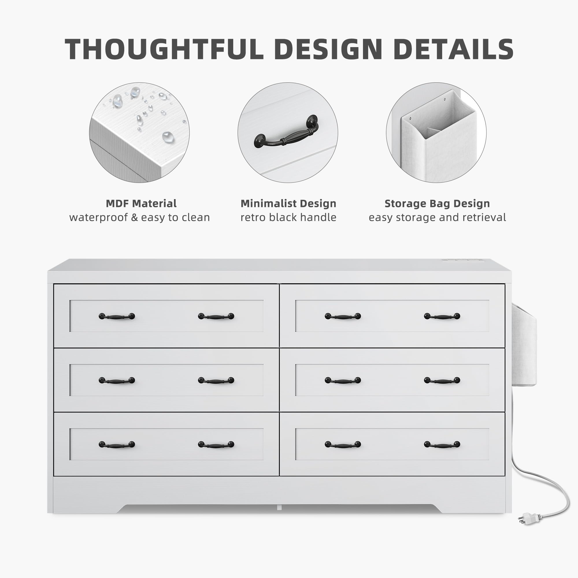 DWVO Farmhouse 6 Drawer Dresser for Bedroom, 59" Wide Large Modern Dresser TV Stand with Drawers & Bar Handles, Storage Dressers with Power Outlets, Rustic Wood Chest of Drawers, White