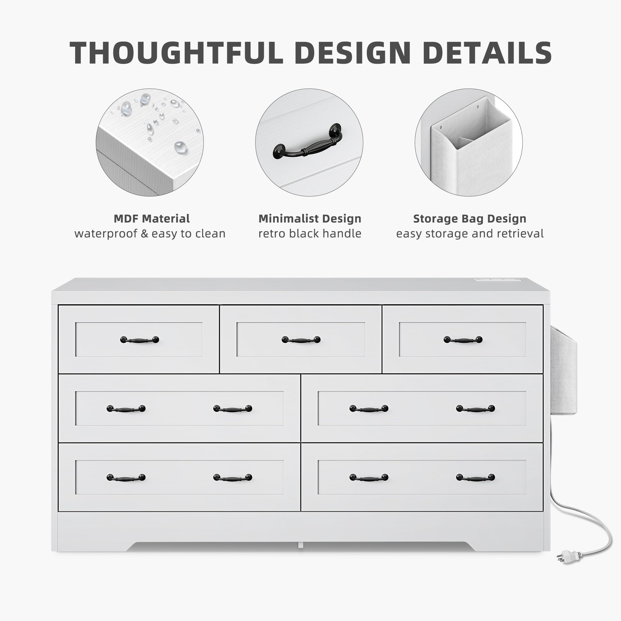 DWVO Farmhouse 7 Drawer Dresser for Bedroom, 59" Wide Large Modern Dresser TV Stand with Drawers & Bar Handles, Storage Dressers with Power Outlets, Rustic Wood Chest of Drawers, White