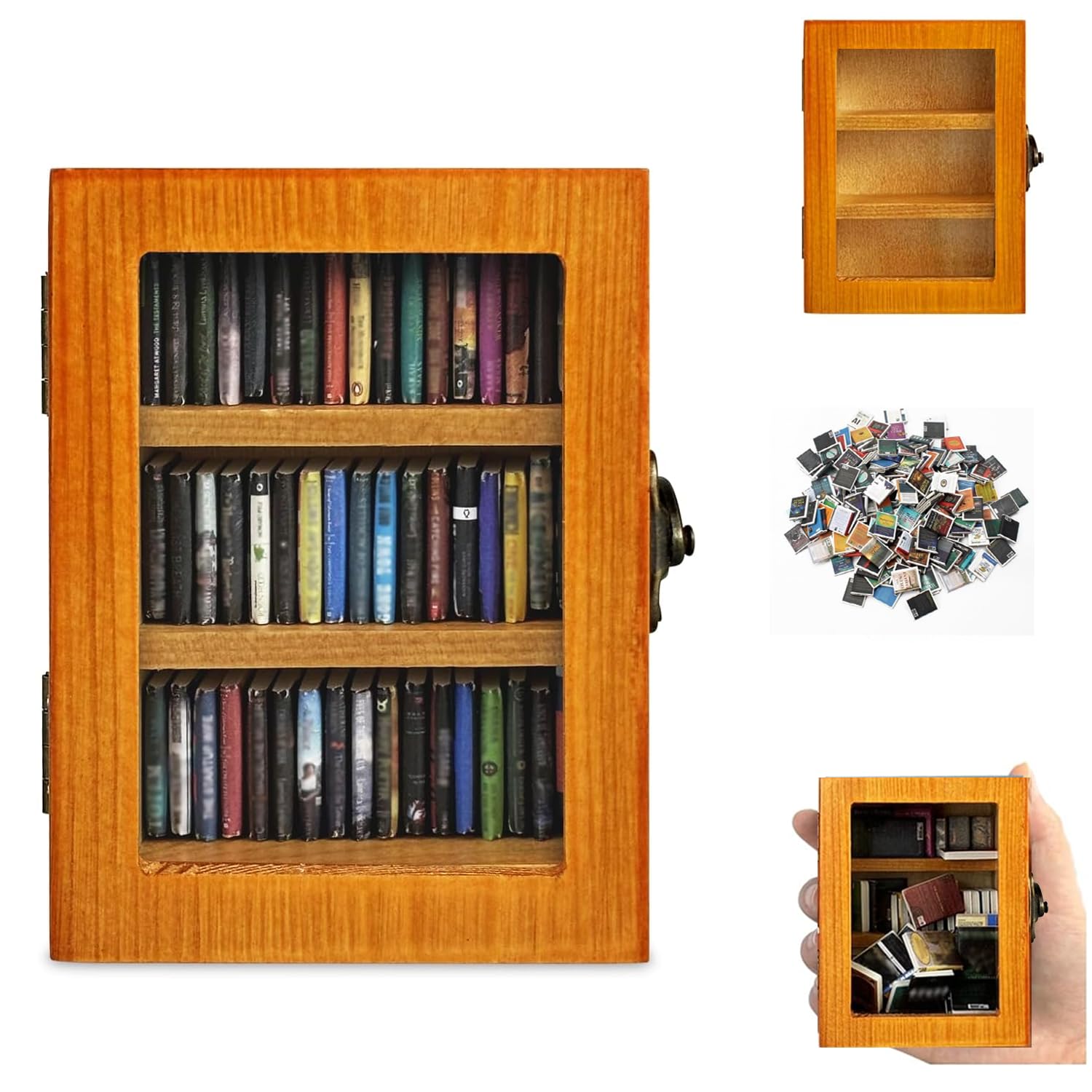 SIHPTO Anxiety Mini Bookshelf Ornament Small Bookshelf Miniature Library with 60pcs Mini Books，Miniature Bookshelf Decor Shake Away Your Anxiety，Home Decoration for Book Lovers (Brown)