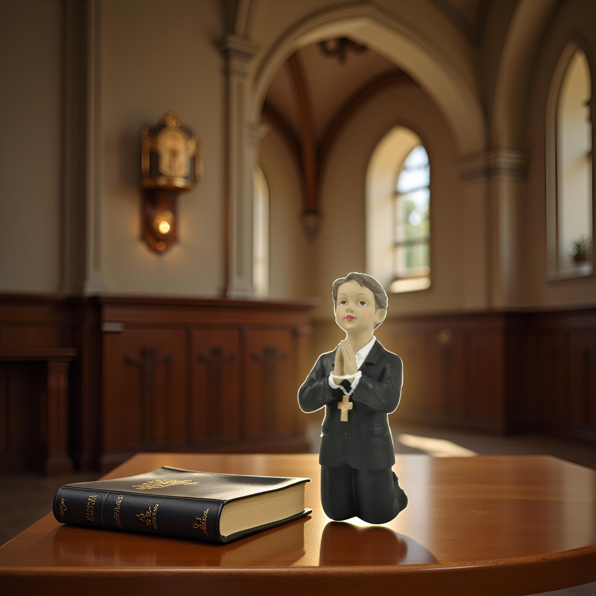 PlentifulHome First Holy Communion Boy Statue – 4.92” Resin Catholic Figurine, Baptism Gift for Boys, Religious Cake Topper, Table Centerpiece Keepsake