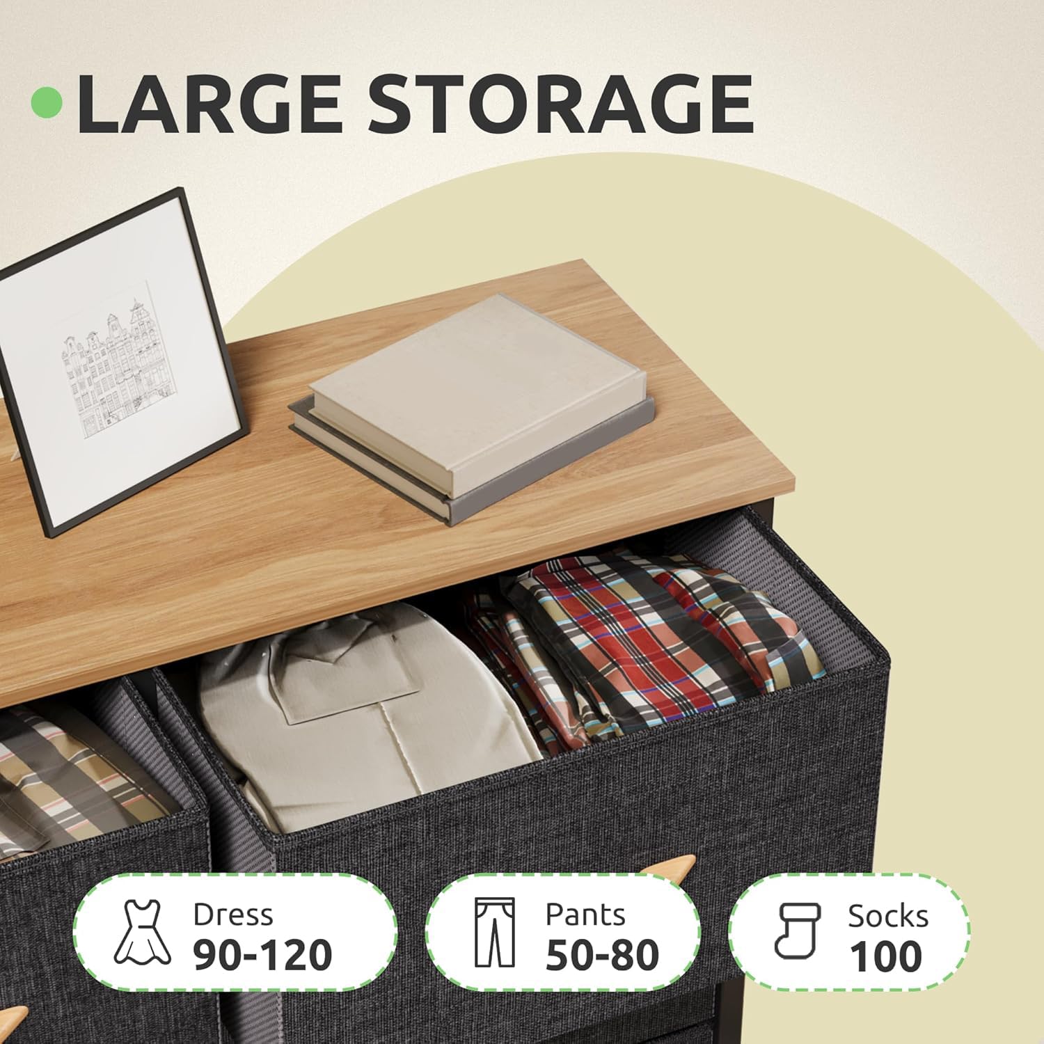 GOOBED Dresser, Fabric Dresser with 8 Drawers, Chest of Drawers for Closet, Sturdy Steel Frame, Wooden Top, Easy Pull Handle