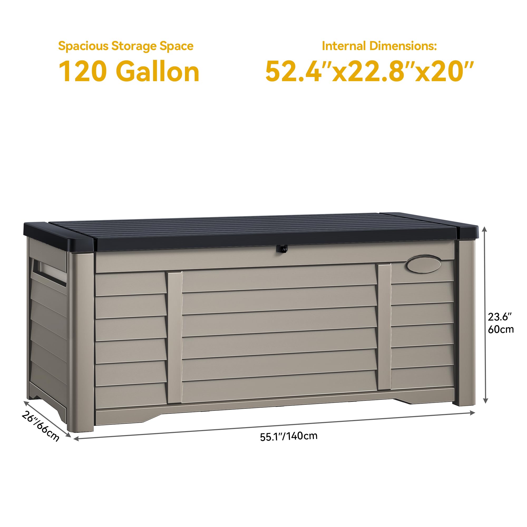 DWVO Outdoor Louver Storage Deck Box w/120 Gallon Capacity, Large Storage Box for Outdoor Pillows, Garden Tools and Pool Supplies, Resin, Waterproof, Lockable (Black & Brown)