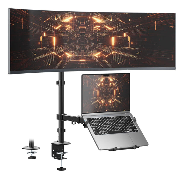 PUTORSEN Monitor and Laptop Mount Stand for Max 49” Screen and 18” Notebook, Fully Adjustable Monitor Arm with Vented Tray, Holds up to 44lbs, 2 Mounting Options