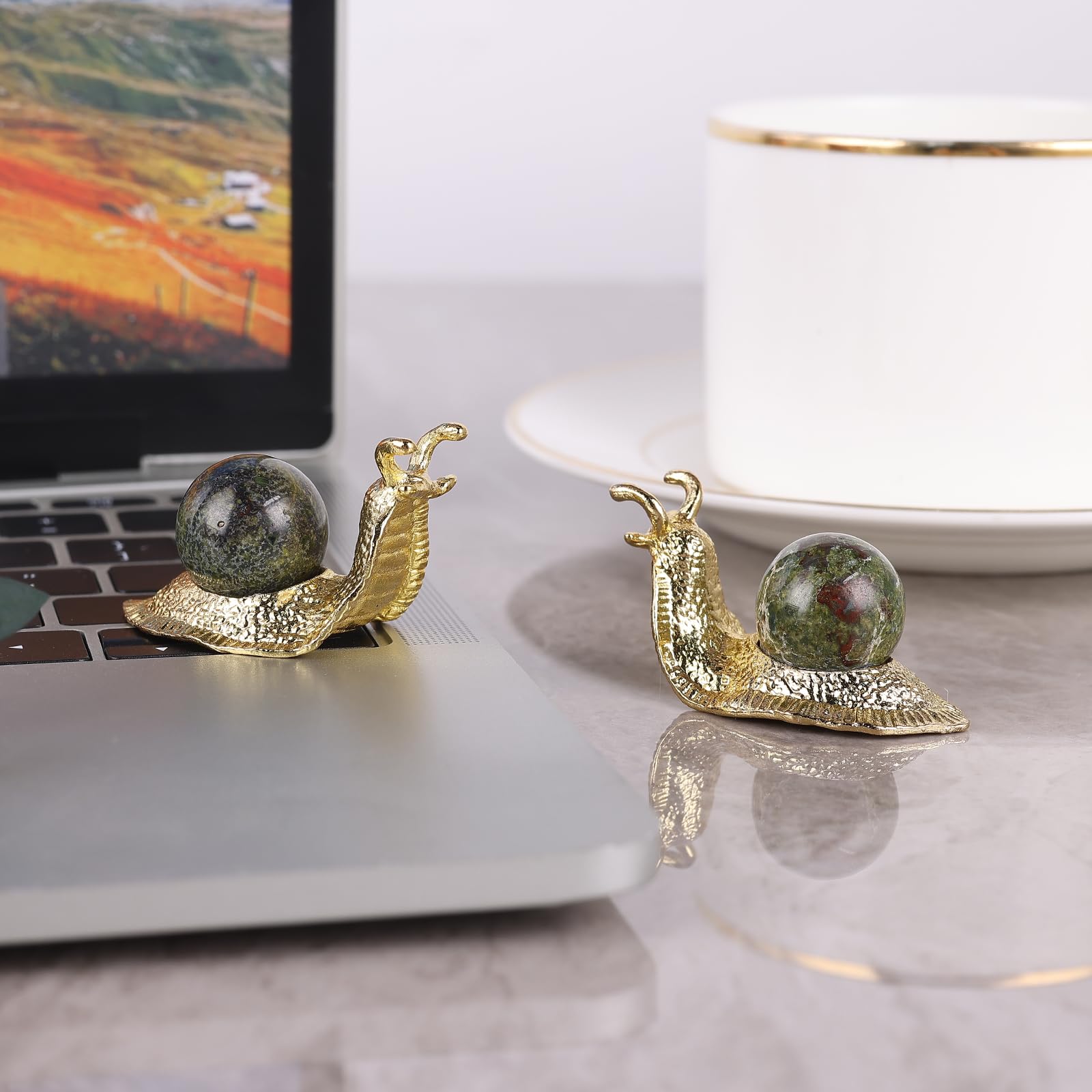SHENGTIAN 2-Piece Set, 2-Inch Handcrafted Gold Snail Statues with 0.78-Inch Natural Dragon Blood Crystal Balls, Symbolizing Safety and Journey, Ideal for Desk and Home Decor (Dragon Blood)