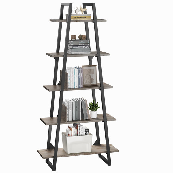 GarveeHome 5 Tier Ladder Bookshelf, Narrow Open Book Shelf, Tall Standing Bookcase with Steel Frame, Industrial Ladder Storage Shelves for Living Room, Bedroom and Kitchen, Light Yellow Wood Grain