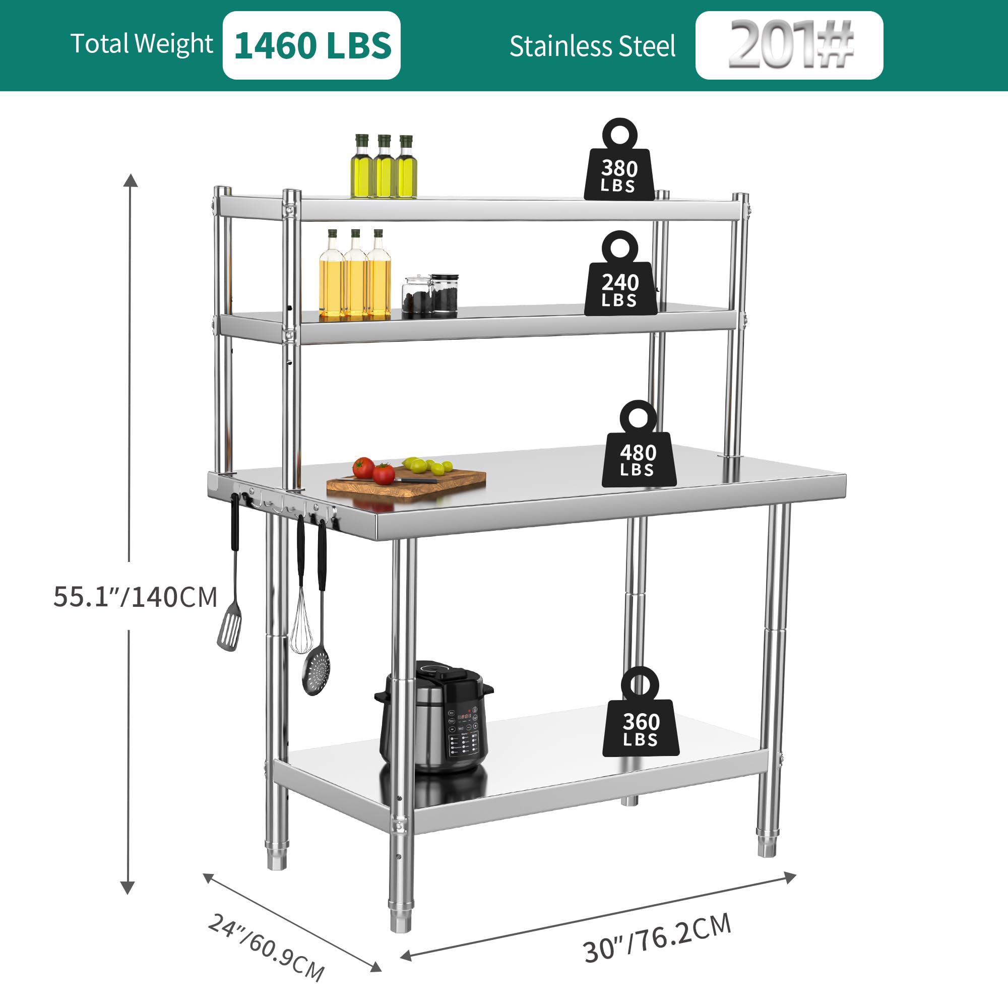 YITAHOME NSF Stainless Steel Table with Overshelves, 30" X 24" Work Table with 30" X 12" Shelf, Metal Table Prep Table for Home Kitchen Restaurant Garage Warehouse