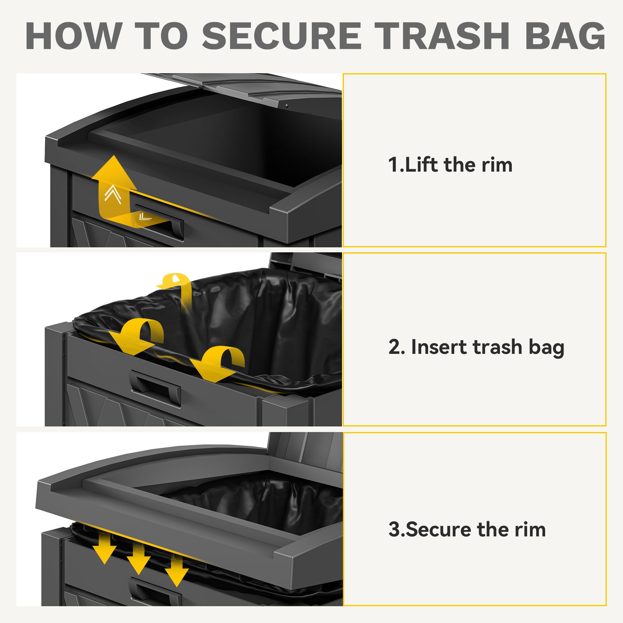 DWVO 36-Gallon Outdoor Trash Can with Fabric Bag, Tiered Lid & Drip Tray, Waterproof Resin Garbage Bin for Patio, Deck, and Backyard, Black