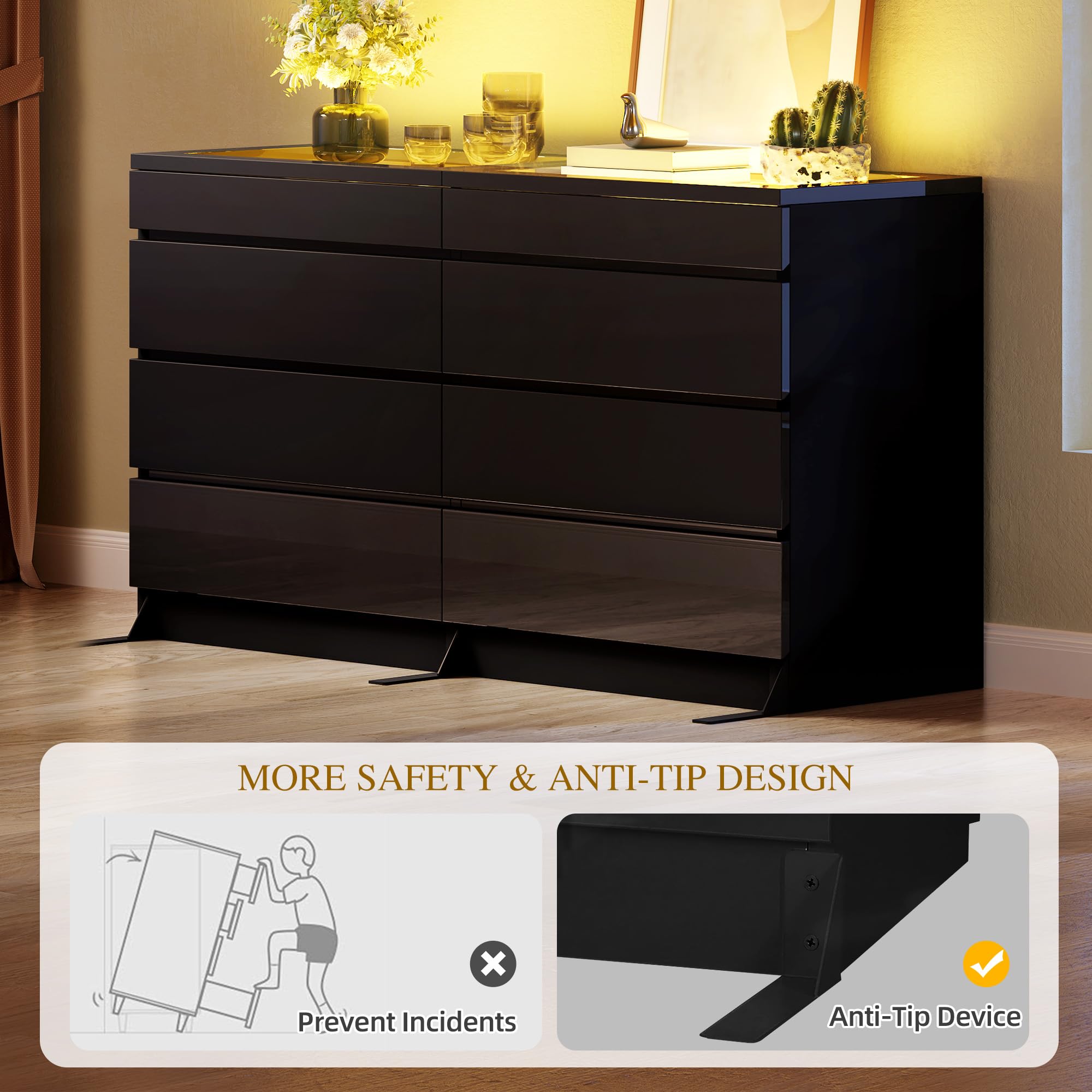 DWVO 8 Drawer Dresser, Black Dresser, Modern 8 Chest of Drawers with Deep Drawers Glass Top High Gloss Surface, Storage Organizer Cabinet for Living Room