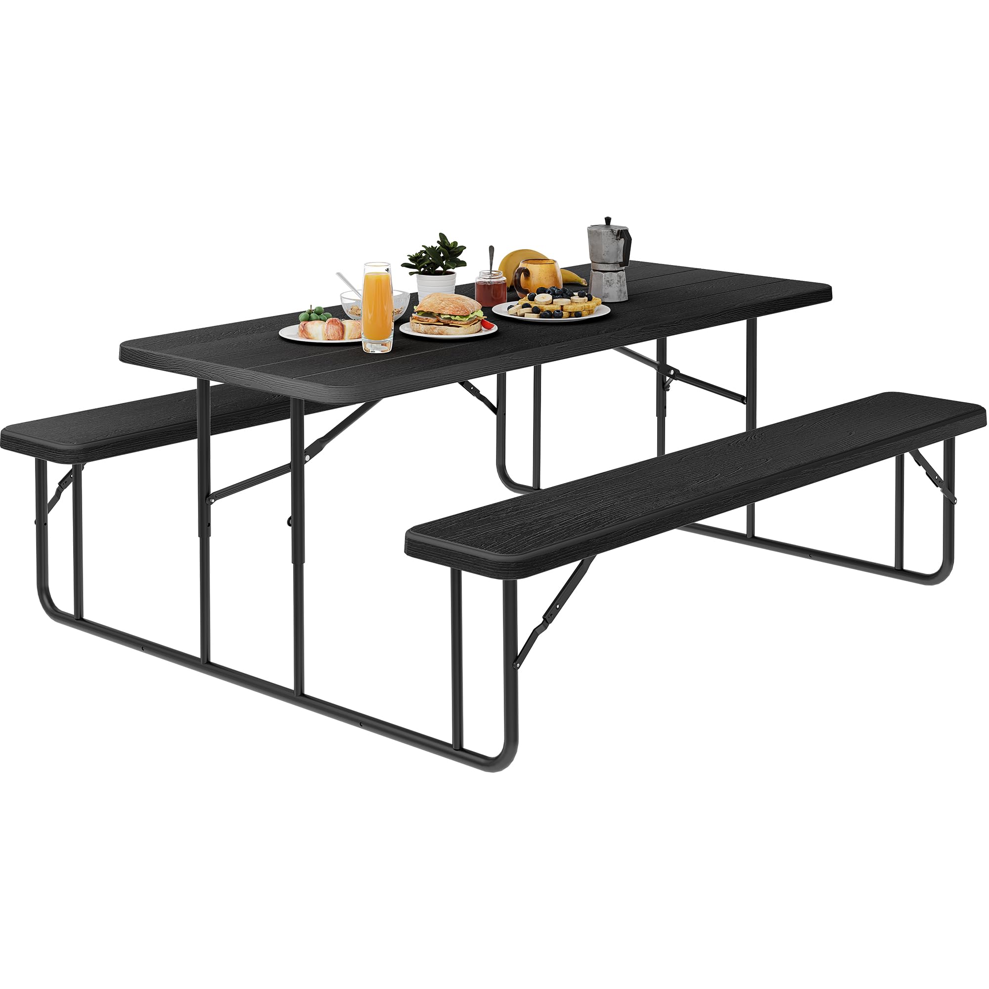 YITAHOME 6FT Large Folding Picnic Table w/Easy Assembly Steel Frame & Wood Like Tabletop, All Weather Folding Picnic Tables with Benches Ideal for Yard Patio Lawn Party, Black