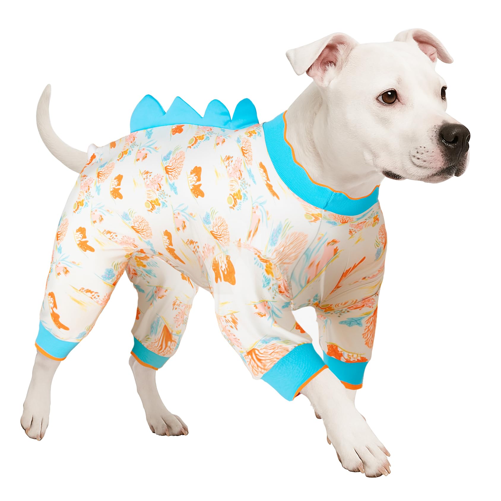 LovinPet Big Dog Jammies, Large Dog Pajamas, Anti Licking Shirt Lightweight Coral Peach Print, UV Protection Shirt, Easy to Wear Adorable Dog Onesie,Blue, Large