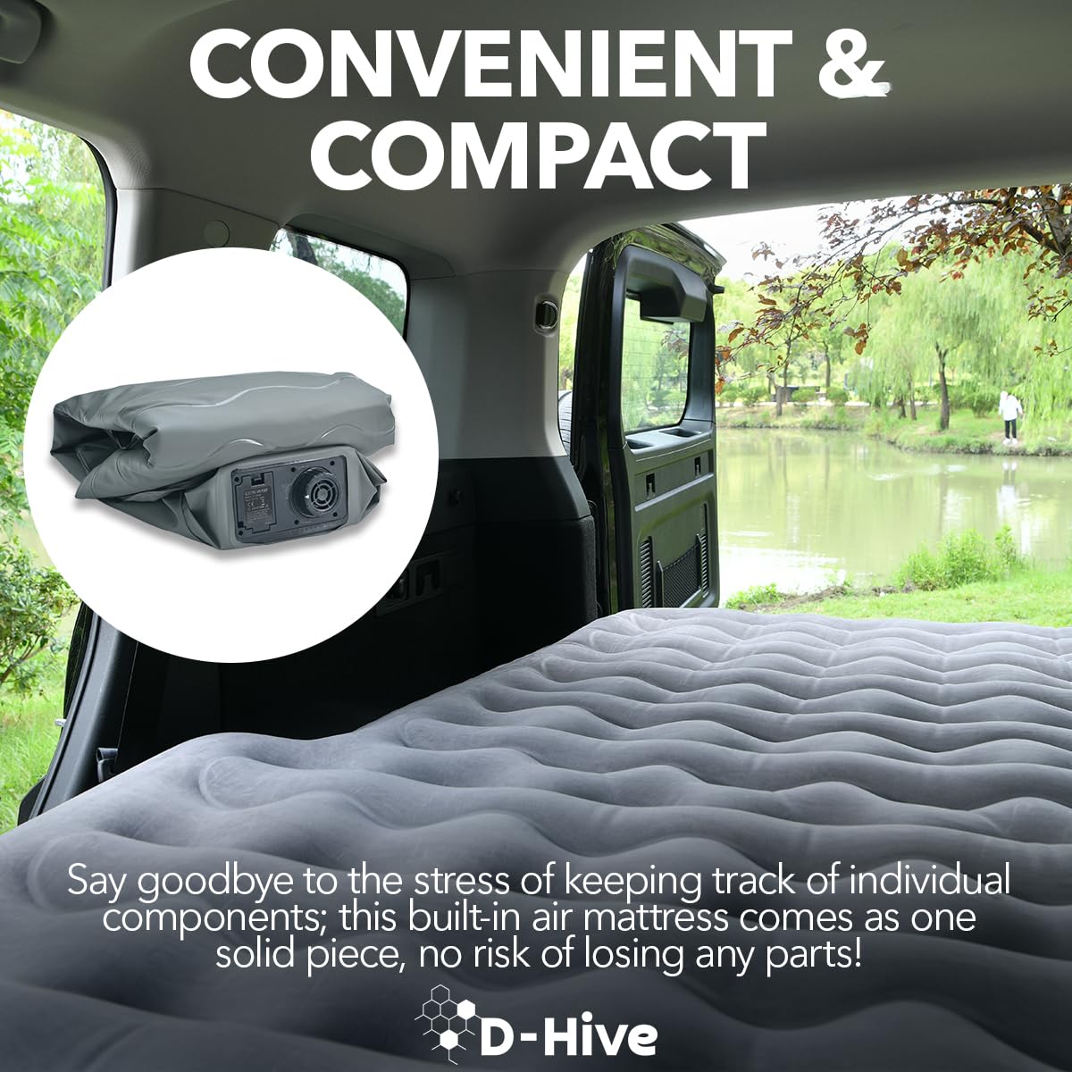 D-Hive SUV Air Mattress, Ultra-Thick Material Extra-High Car Air Mattress, SUV Mattress for Toyota 4runner, Car Mattress w/Built-in Pump Inflatable Car Air Mattress Grey