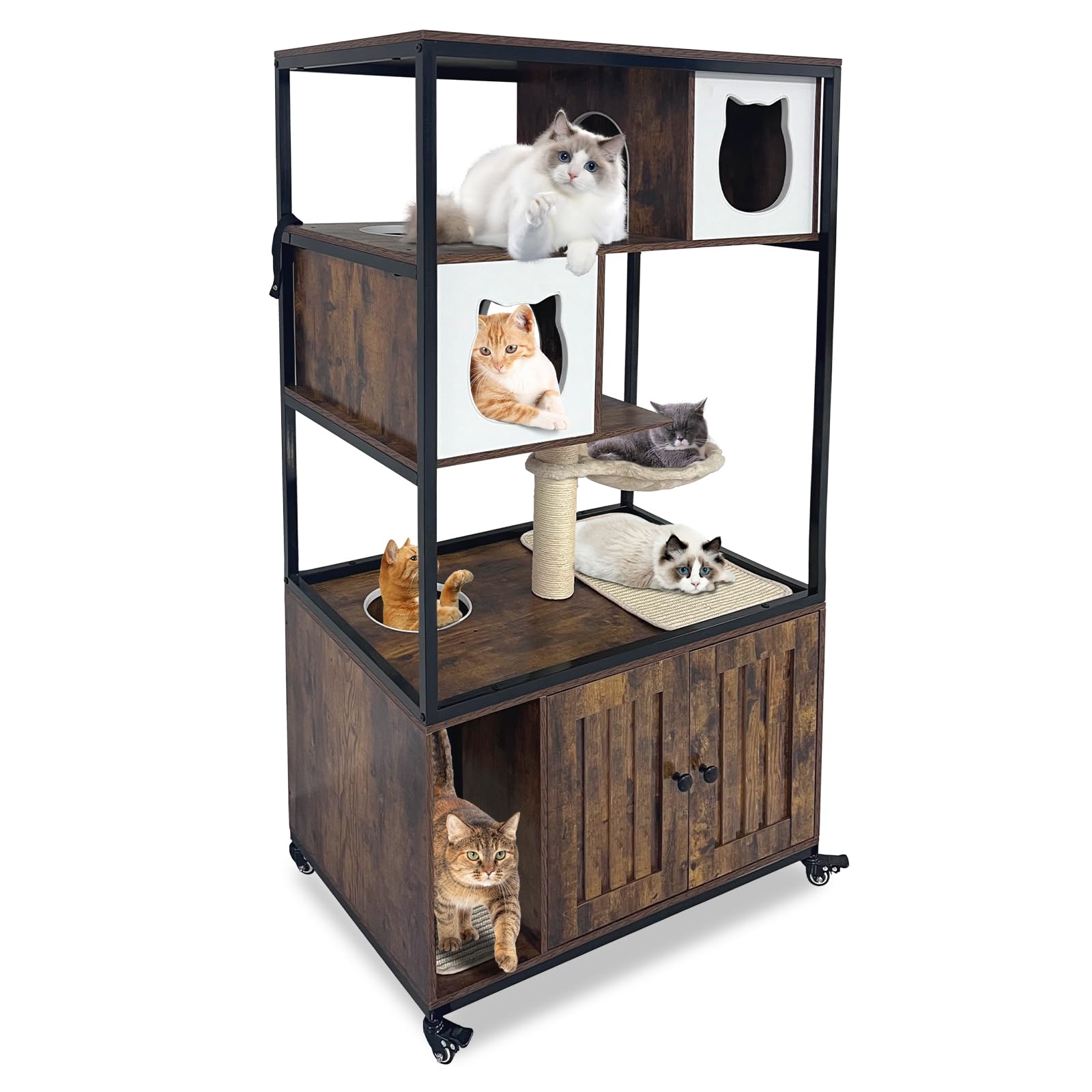 GarveeHome Cat Tree with Litter Box Enclosure 57.5''H Wooden Cat Tower Cabinet with Wheels Dog Proof Corner Hidden Litter Box with Condo, Hammock and Scratching Post Retro Brown