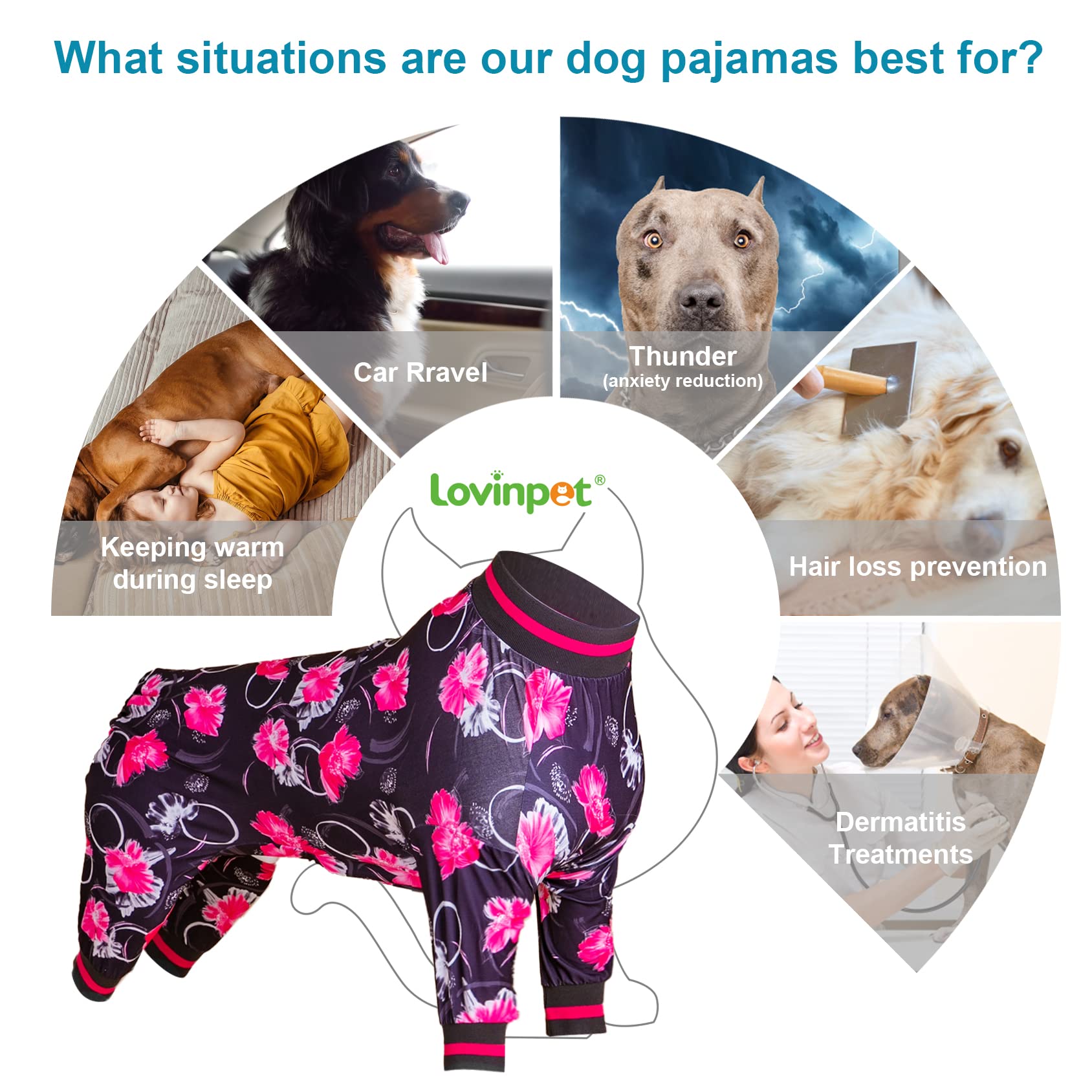 LovinPet 3XL Dog Pajamas - Undershirt for Dog Hoodies, Surgery Recovery Shirt for Dogs, Black and Pink Floral Print, UV Protection Bodysuit for Large Dogs, Pitbull Clothes, Pink 3XL