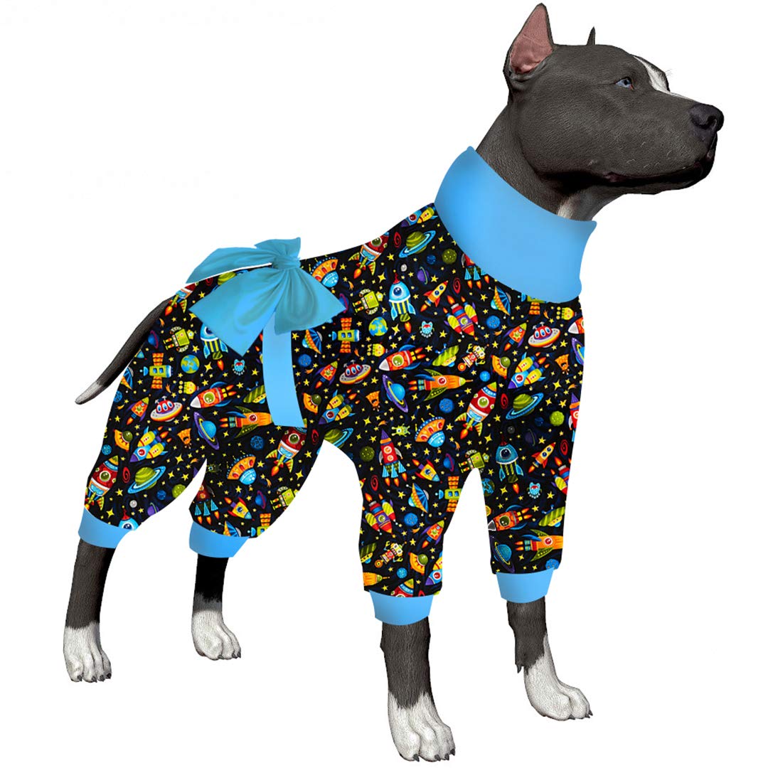 LovinPet Pitbull Onesie - Large Dog Pajamas, Post Surgery Recovery Shirt, Stretchy Fabric, Aim for the Moon Flannel Navy Print, Anti Licking, Easy to Wear Girl or Boy Dog Jammies, Pitbull Clothes, 2XL