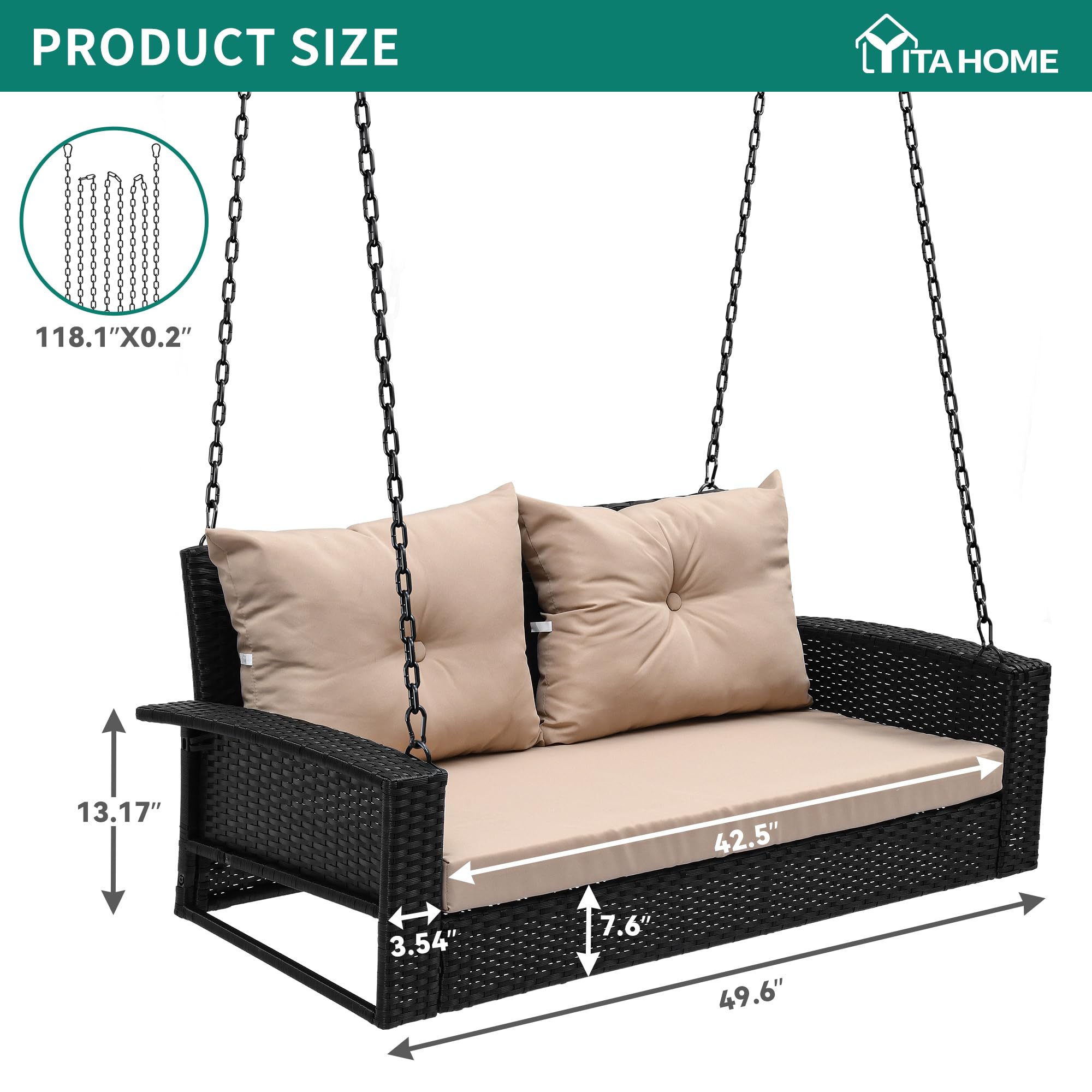 YITAHOME Wicker Hanging Porch Swing Chair 2-Seats Outdoor Black Rattan Patio Swing Lounge w/ 2 Back Cushions Capacity 530lbs for Garden, Balcony, Living Room, Beige