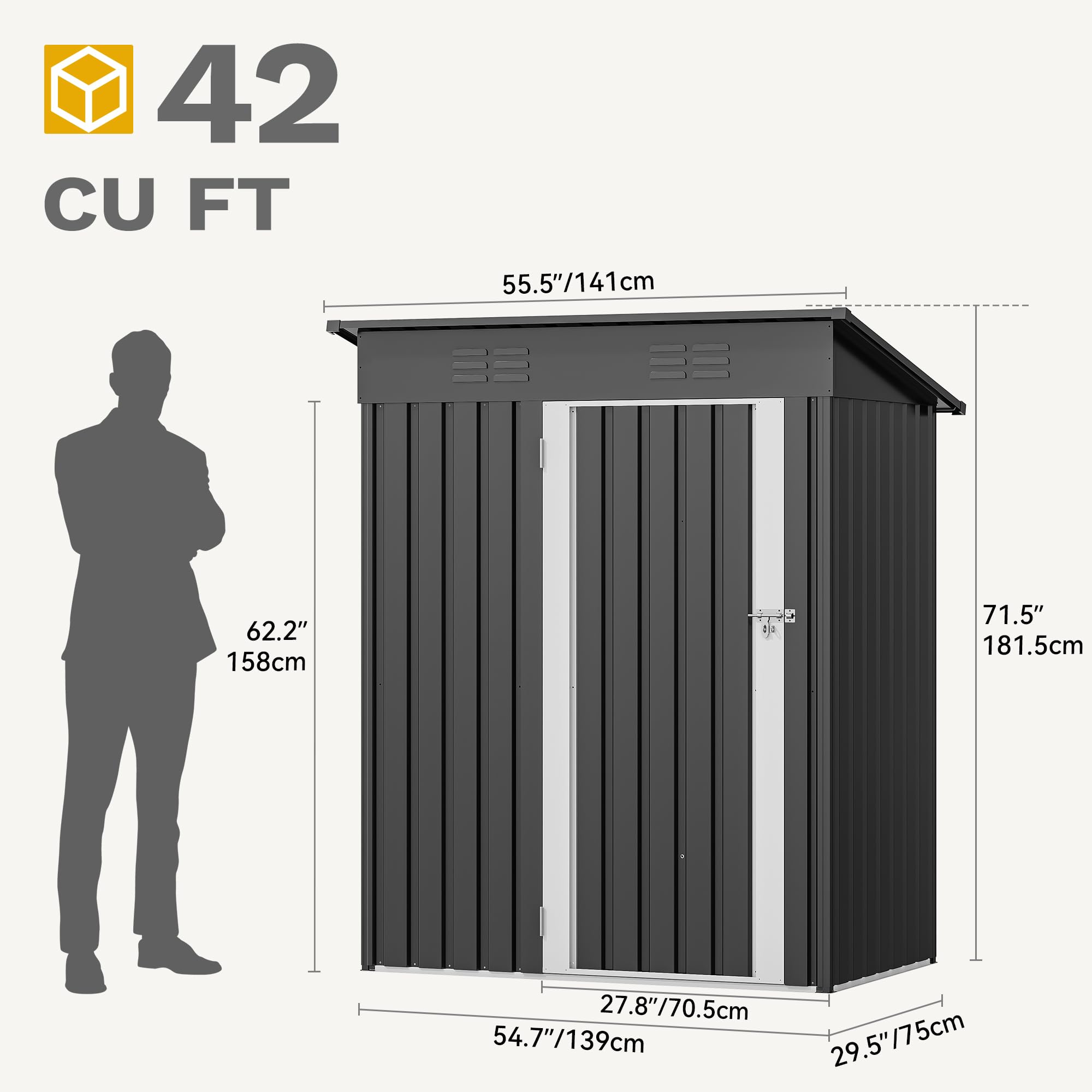 DWVO Outdoor Storage Shed, Weatherproof Tool Shed w/Locking Entry & Ventilation for Grass Cutter, Bike, Equipment, Courtyard, Garden (Dark Gray)