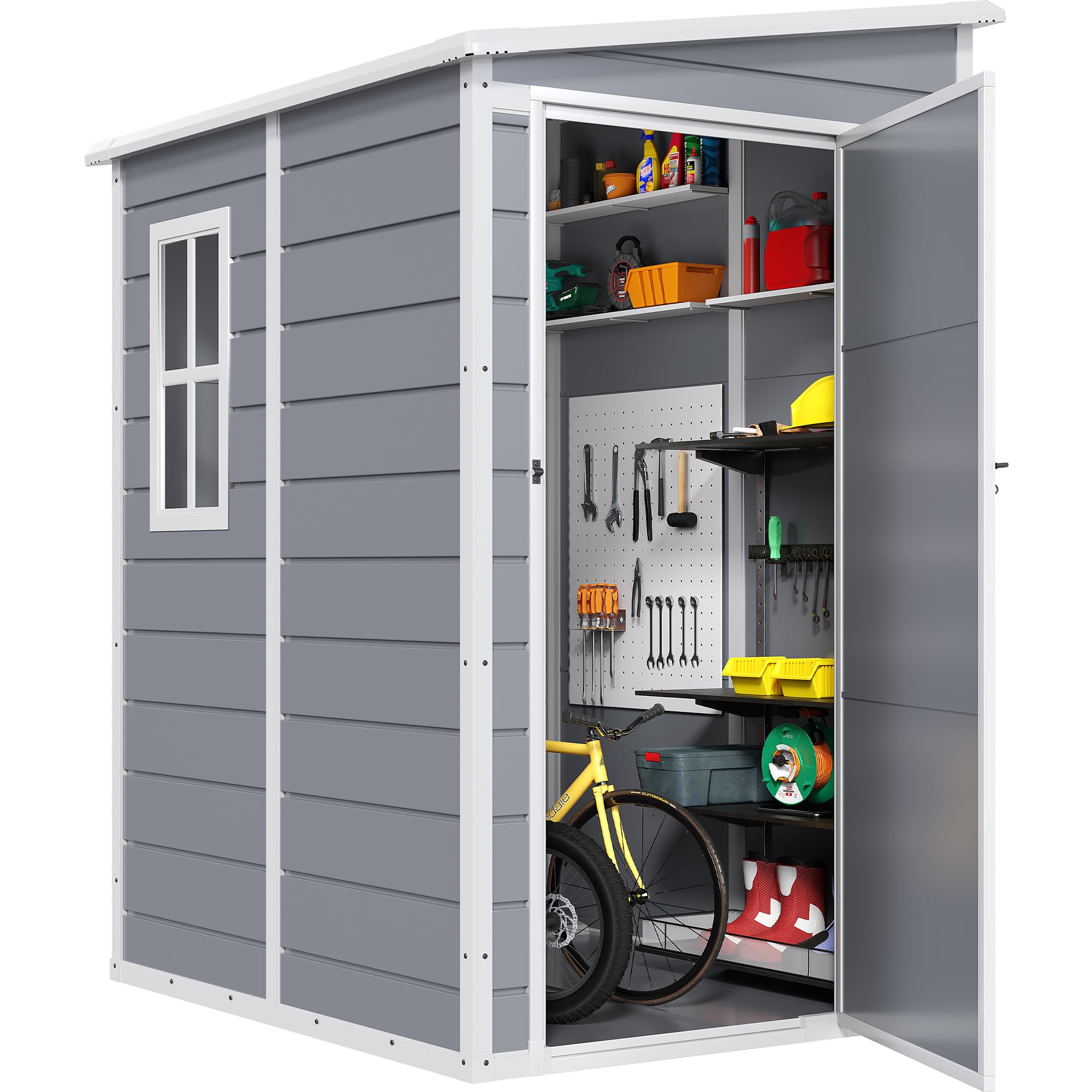 DWVO 5x4ft Resin Outdoor Storage Shed with Floor, Large Waterproof Lockable Storage Shed with Window, Plastic Outside Tool Storage for Garden, Backyard, Patio, Lawn, Gray