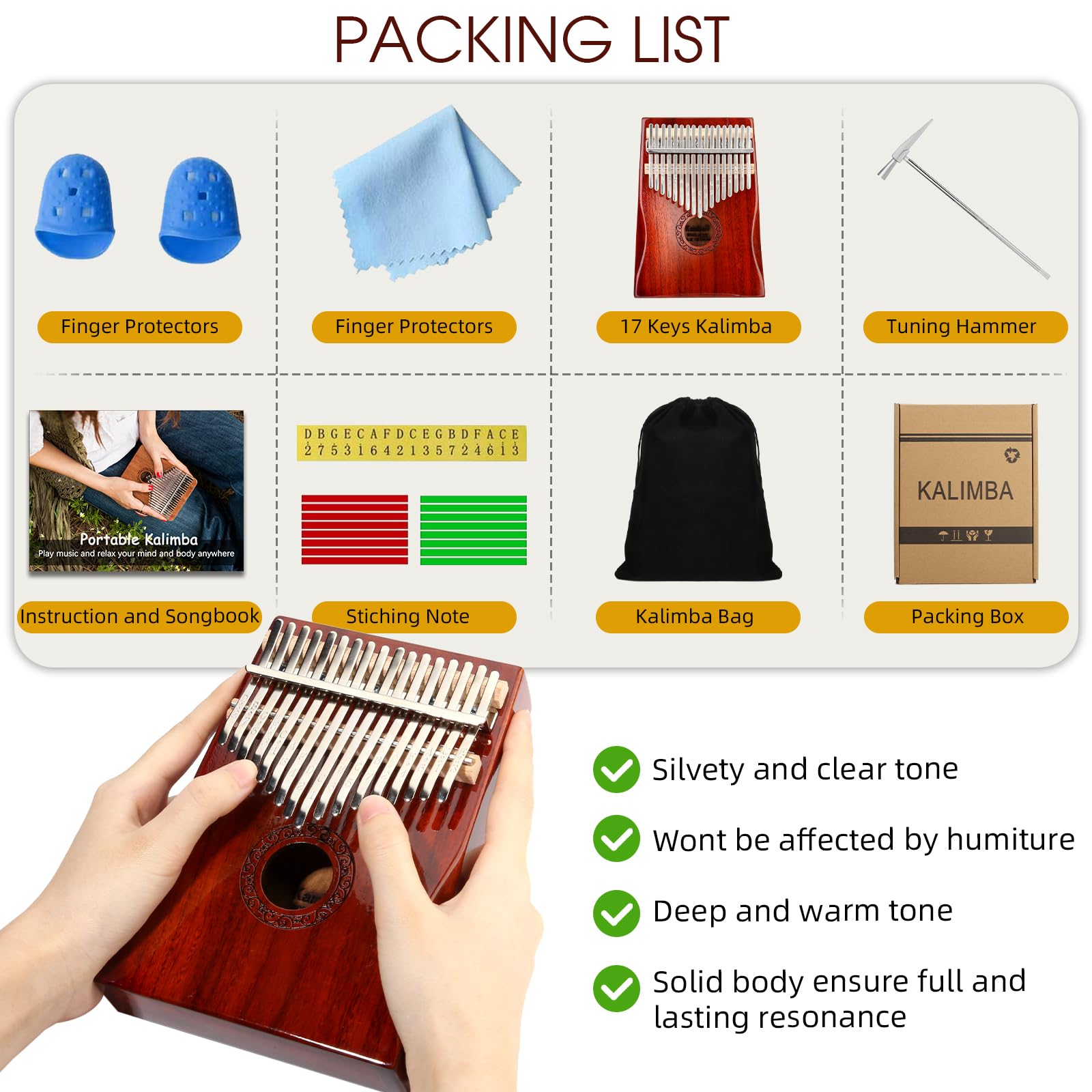Kalimba Thumb Piano,YUNDIE Portable 17 Keys Mbira Finger Piano with Tune Hammer and Study Instruction,Musical Instruments Gift for Adult Beginners Professional(Brownish Red) (17 Keys)