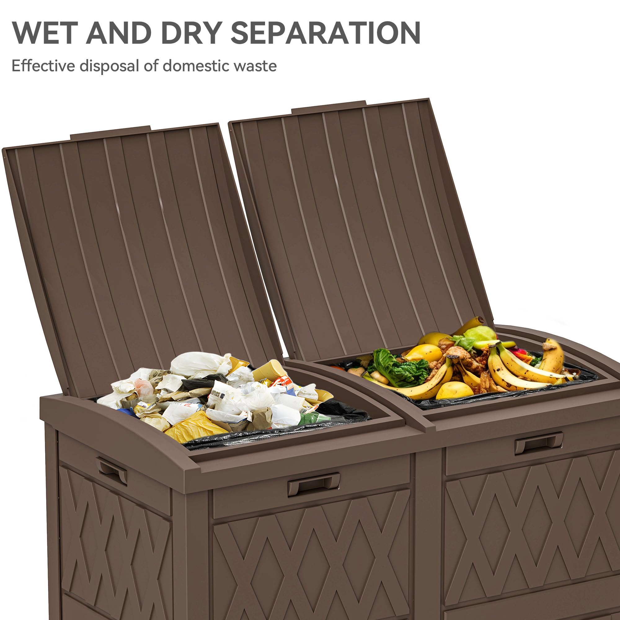 YITAHOME 76 Gallon Dual Compartment Outdoor Trash Can, Resin-Based with Layered Lid and Drip Tray, Waterproof Garbage Bin Brown