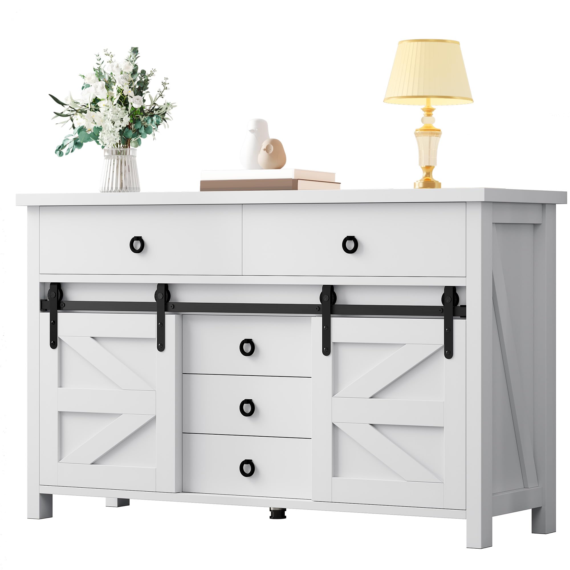 DWVO 54" Farmhouse Dresser for Bedroom, Large Modern Chest of Drawers, Wood Rustic Dresser TV Stand with 5 Drawers & 2 Sliding Barn Doors for Living Dining Room, Entryway, Hallway, White