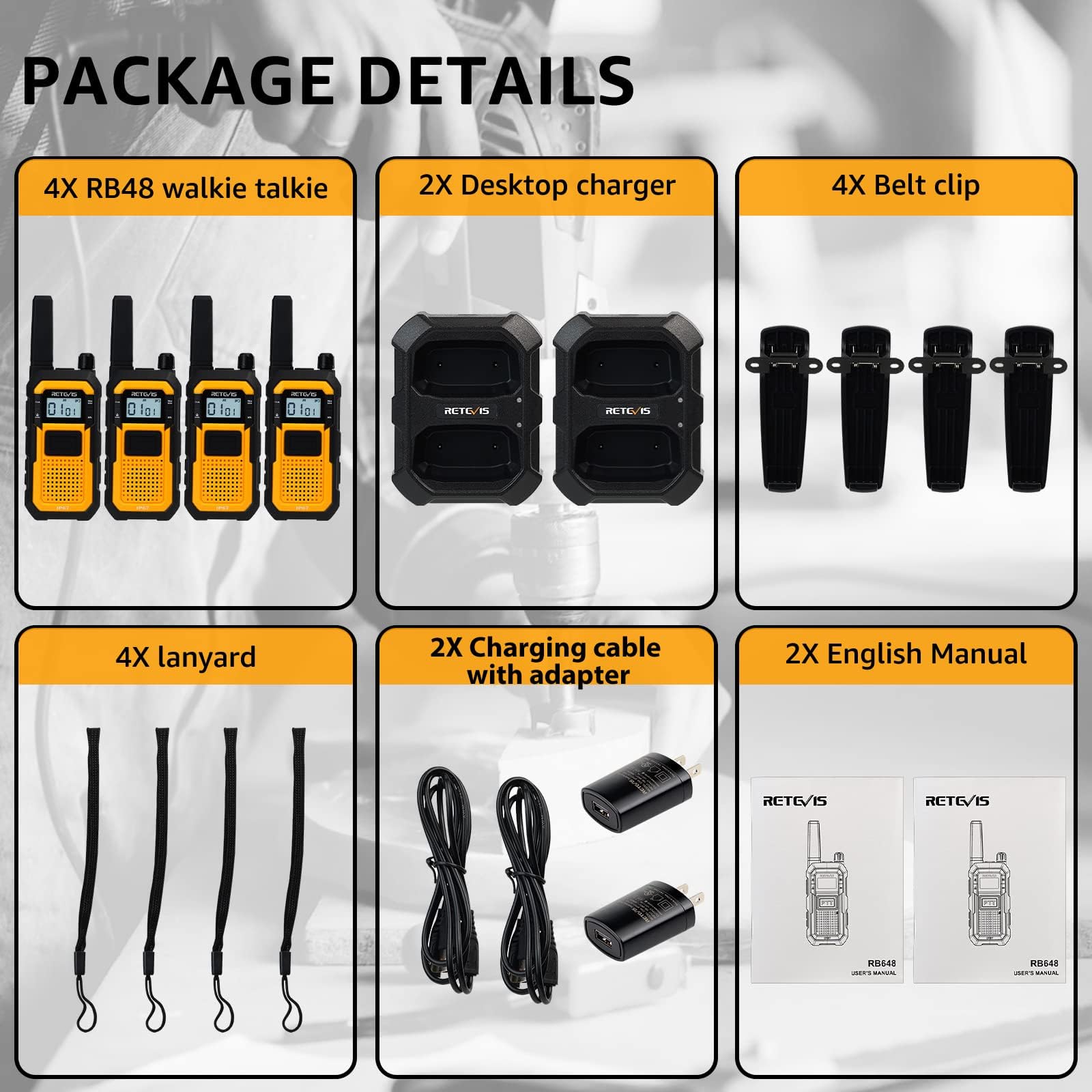 Retevis RB48 Heavy Duty Walkie Talkies, Waterproof Two Way Radio, Advanced Triple Proof, 2000 mAh, Emergency, 2 Way Radio Long Range for Job Site (4 Pack) Yellow