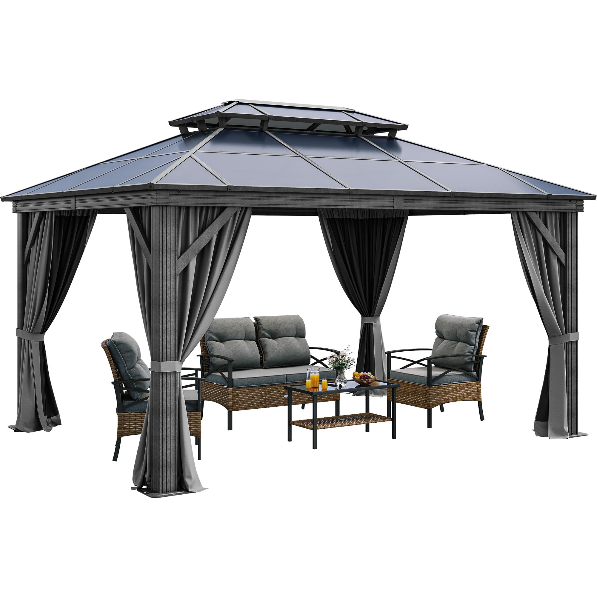 YITAHOME 10X12FT Hardtop Gazebo Outdoor Polycarbonate Patio Double Top Canopy Galvanized Iron Aluminum Column Garden Tent Curtains Netting for Backyards Decks Lawns,Gray