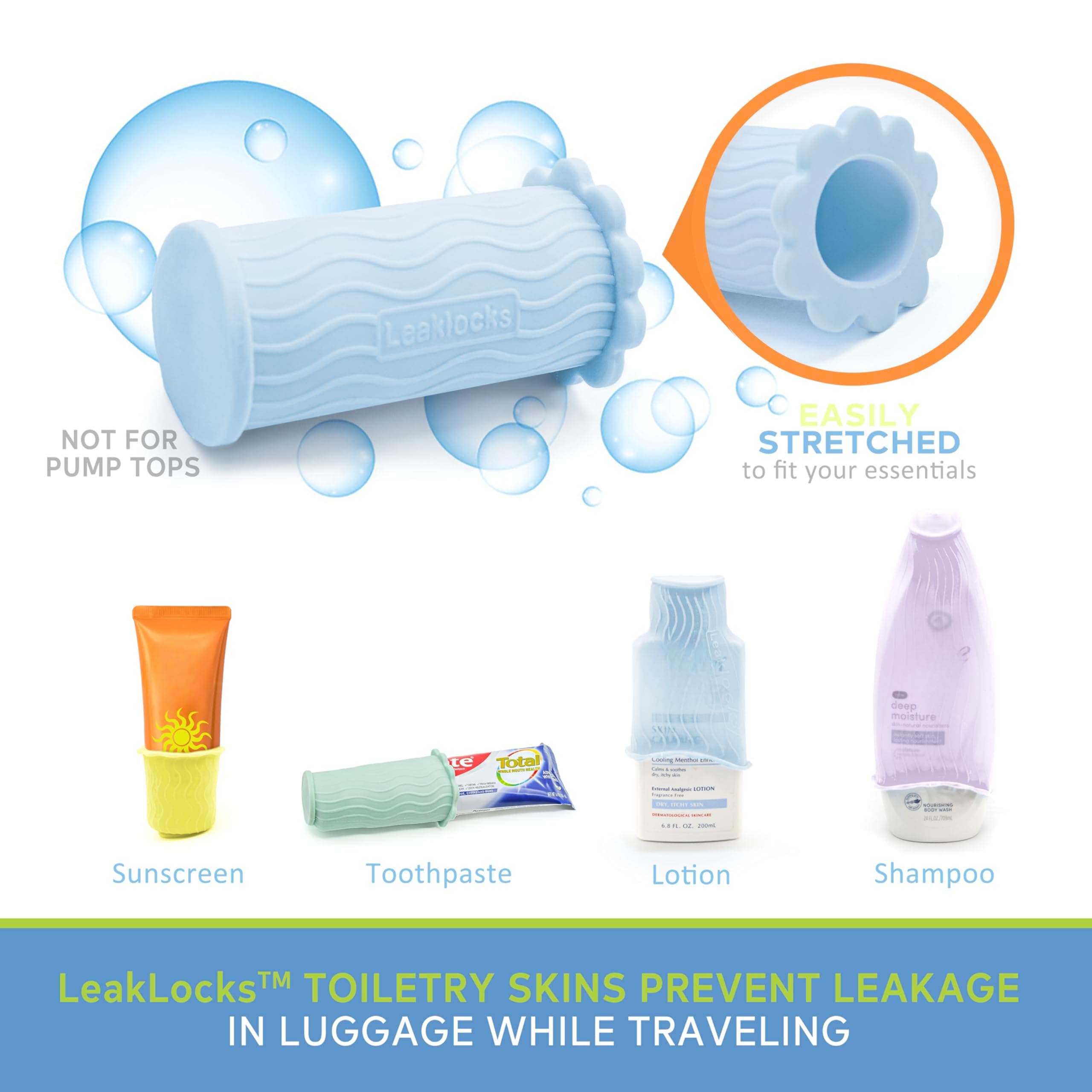 LeakLocks® Toiletry Skins™ Elastic Sleeve for Leak Proofing Travel Container in Luggage. For Standard and Travel Sized Toiletries. Reusable Accessory for Travel Bag Suitcase and Carry-on Luggage