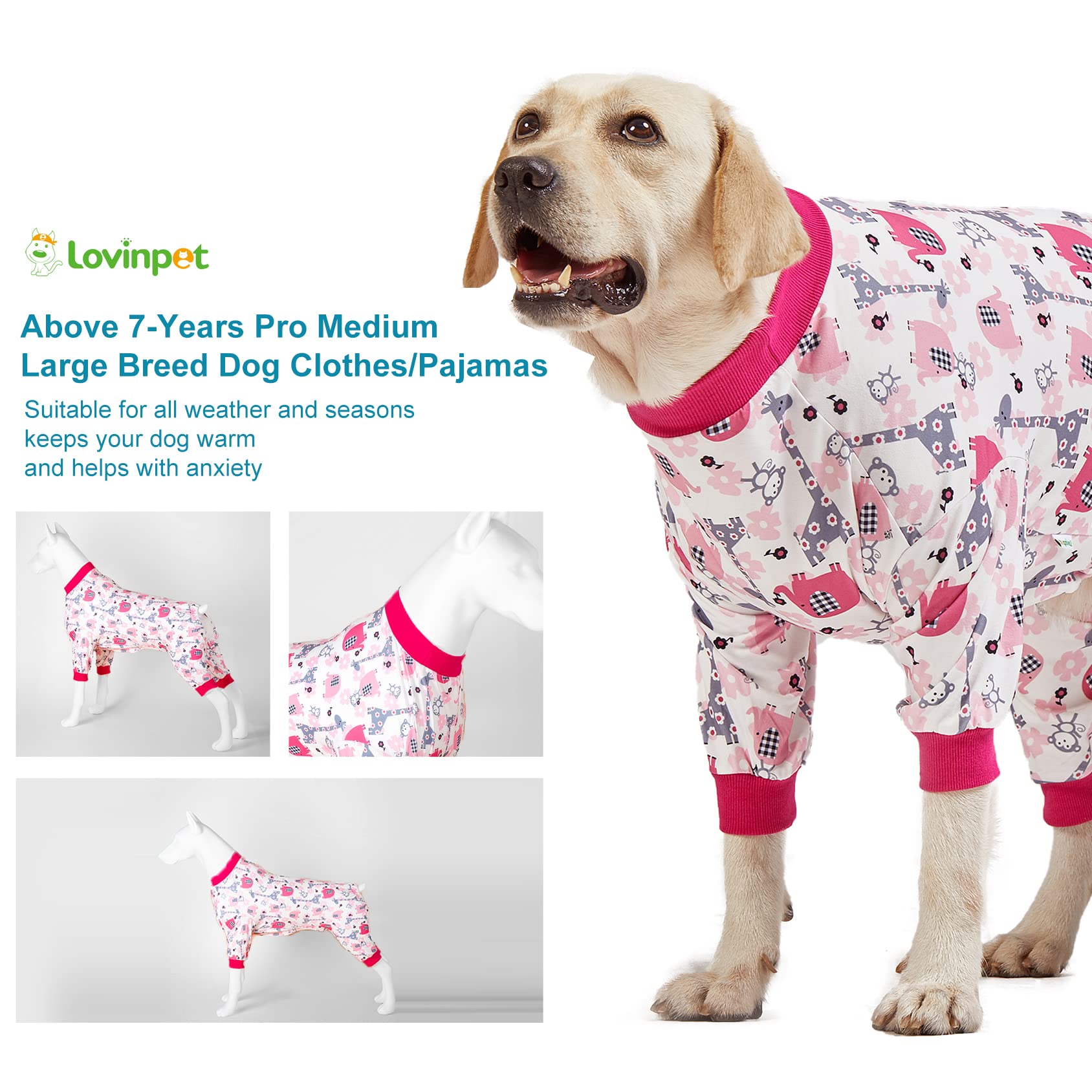 LovinPet Doberman type Dog Onesies, Pet Anxiety Relief, Anti Licking, Post surgery recovery clothe, Lightweight stretch fabric, Jungle Dreams Fuchsia Print, Large Dog Jammies,Large Breed Pet Pj's /3XL
