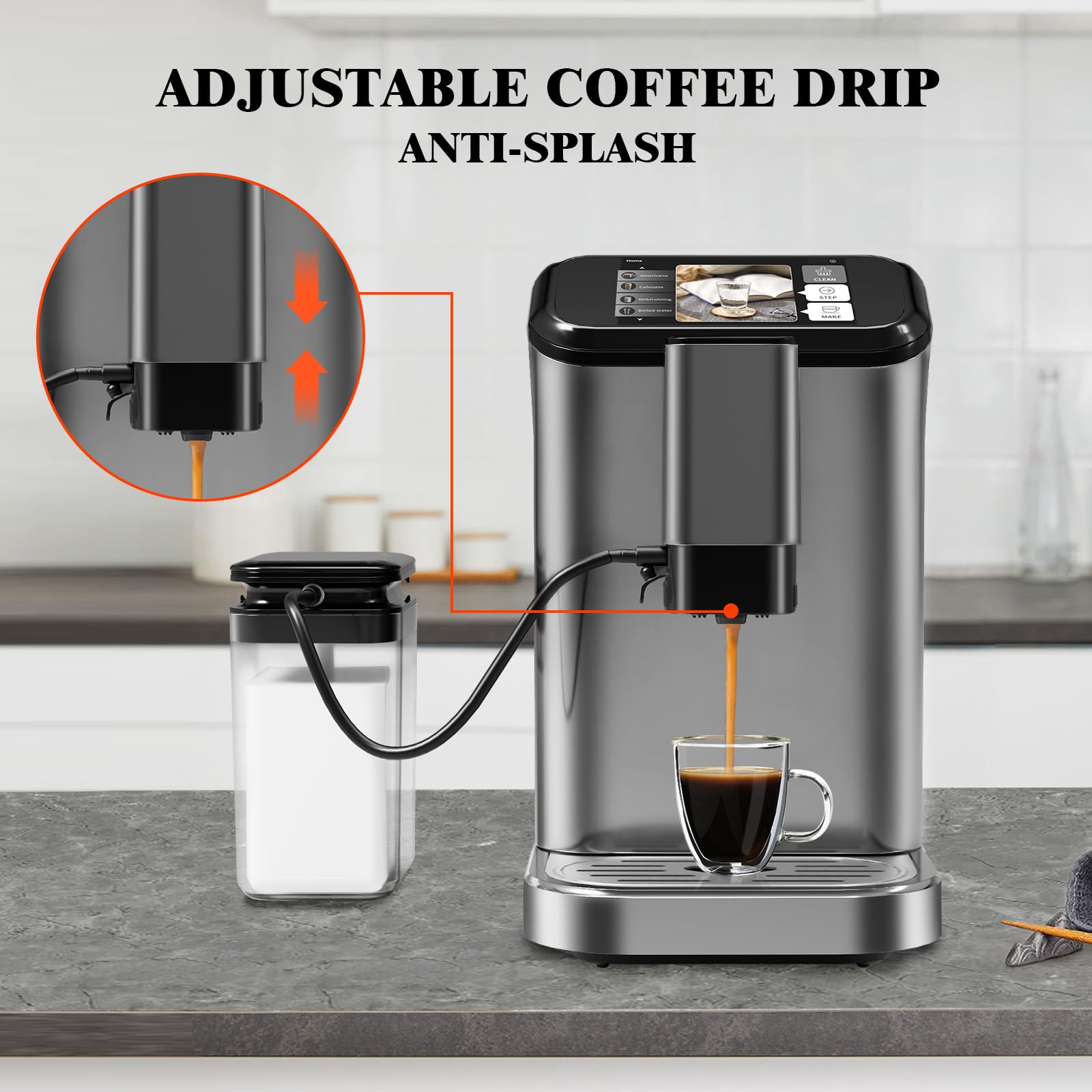 GarveeHome Automatic Espresso Machine & Milk Frother with Stainless Steel Conical Burr Grinder, Integrated 0.75L Milk Container & 1.5L Water Tank, One-Touch Brew Cappuccino & Latte Machine (Grey)