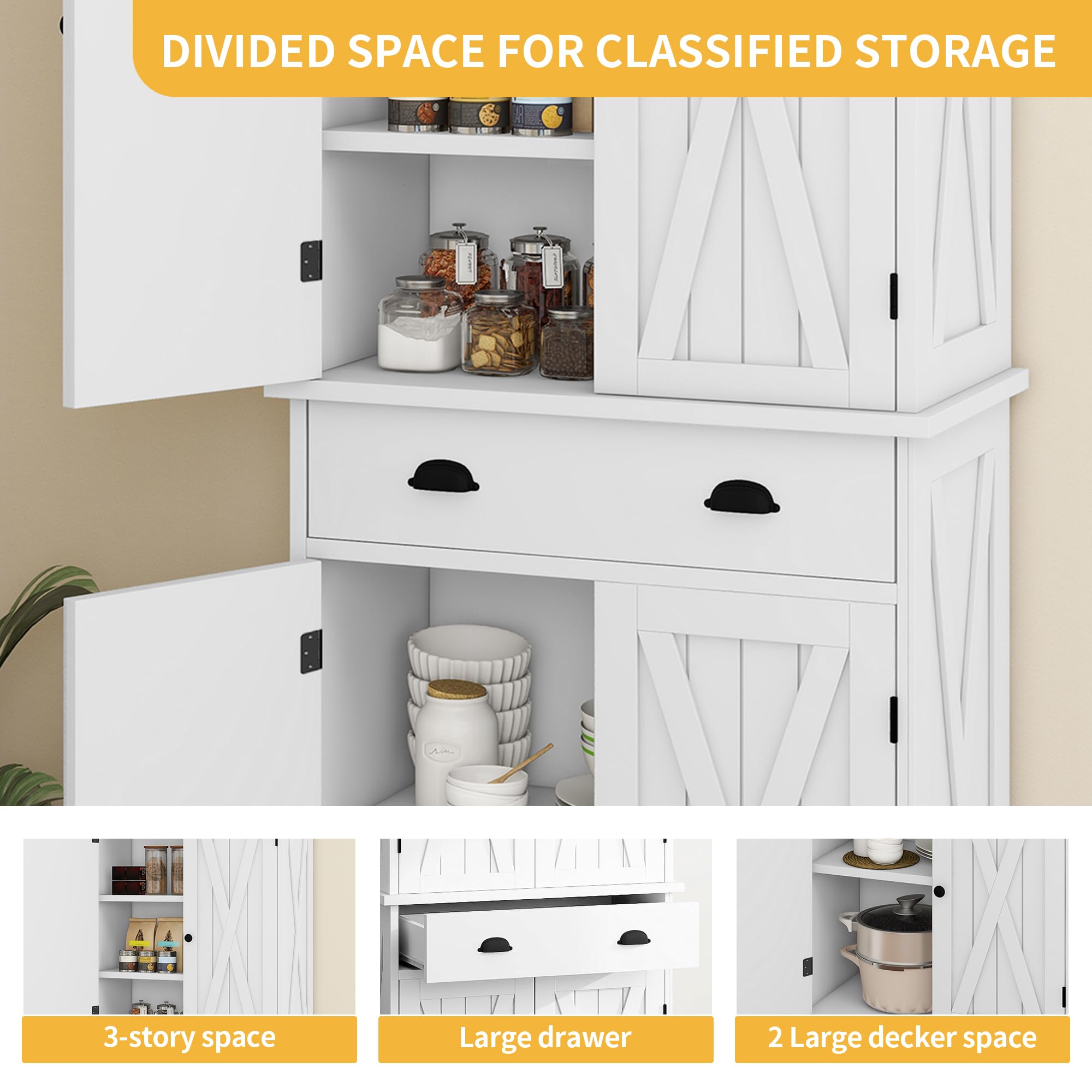 DWVO 72'' Farmhouse Kitchen Pantry, Rustic Wood Kitchen Storage Cabinets with Adjustable Shelves & Drawer, Tall Freestanding Cupboard for Dining Room, Living Room, White
