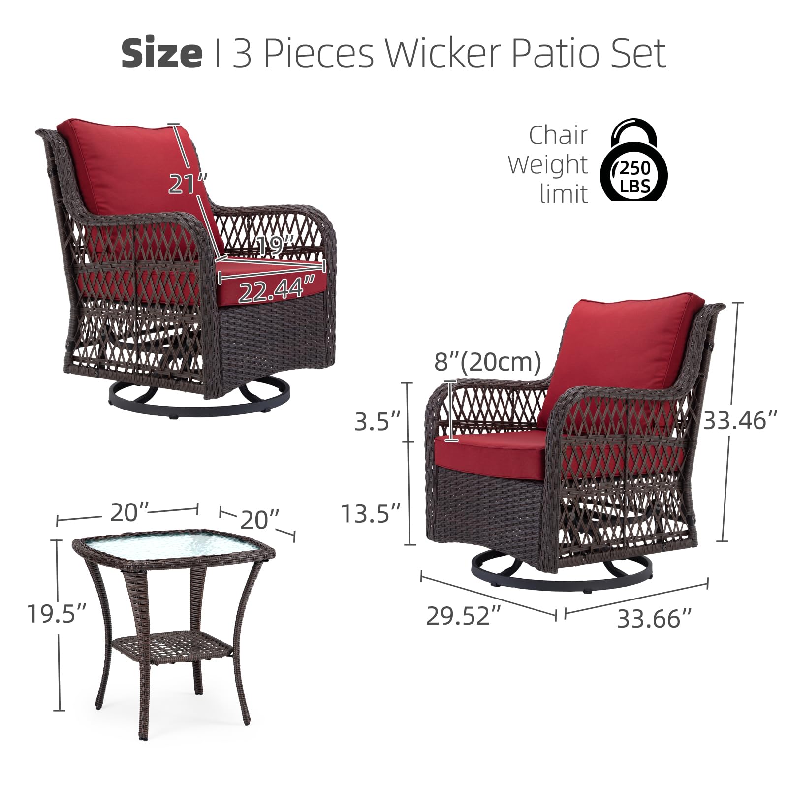 3-Piece Outdoor Wicker Patio Bistro Set w/ 2 360-Degree Swivel Rocking Chairs and Tempered Glass Top Side Table, 360° Swivel Patio Furniture for Backyard, Porch, Deck, Balcony, Garden, Red