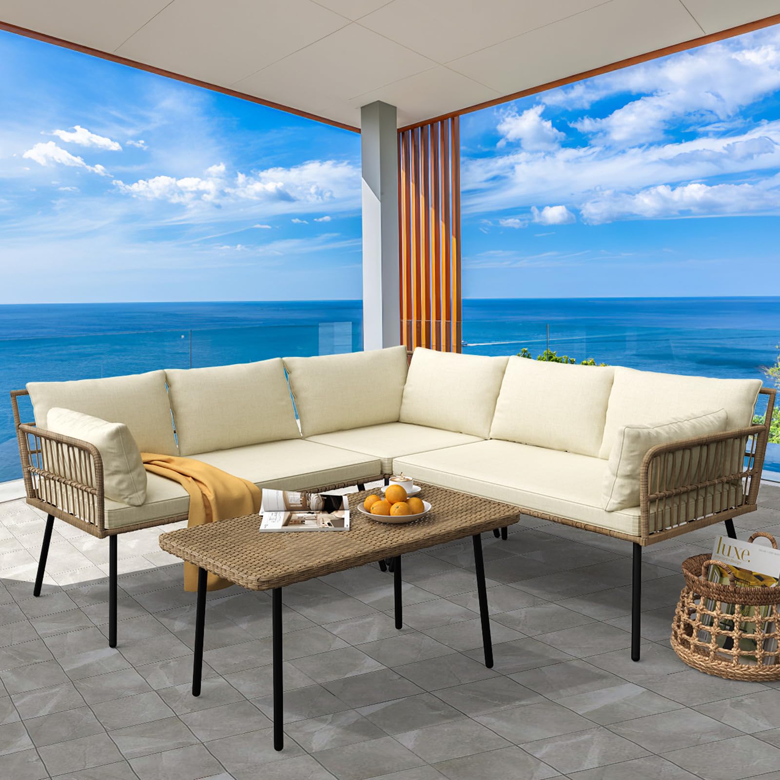 YITAHOME 4 Pieces Patio Furniture Set, Outdoor Wicker Woven Conversation Sectional L-Shaped Sofa with 5 Seater for Backyard, Porch, Boho, Detachable Lounger with Side Table - Beige