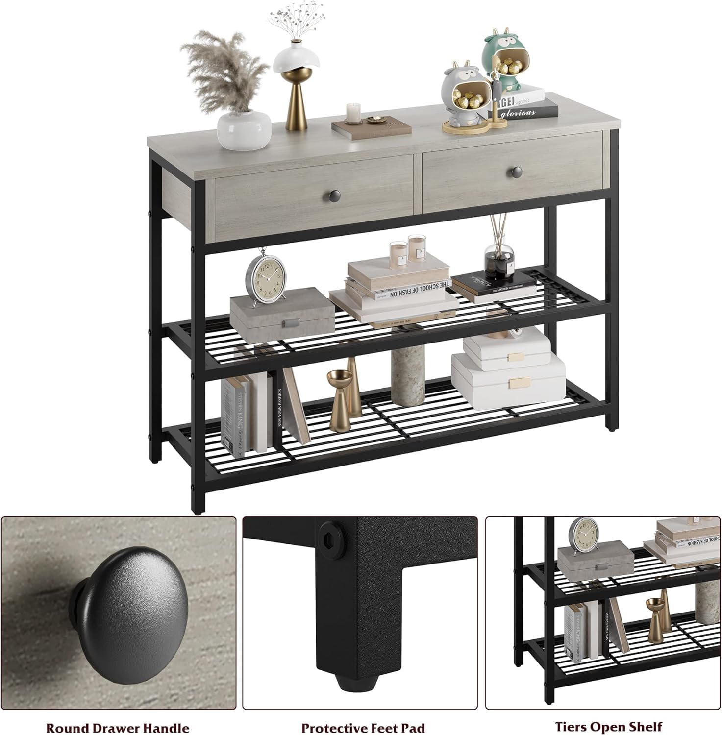 GarveeHome Console Table with 2 Drawers, Sofa Table with 2 Tiers Metal Mesh Open Storage Shelf, Narrow Long Entryway Table for Living Room, Hallway and Foyer, Grey