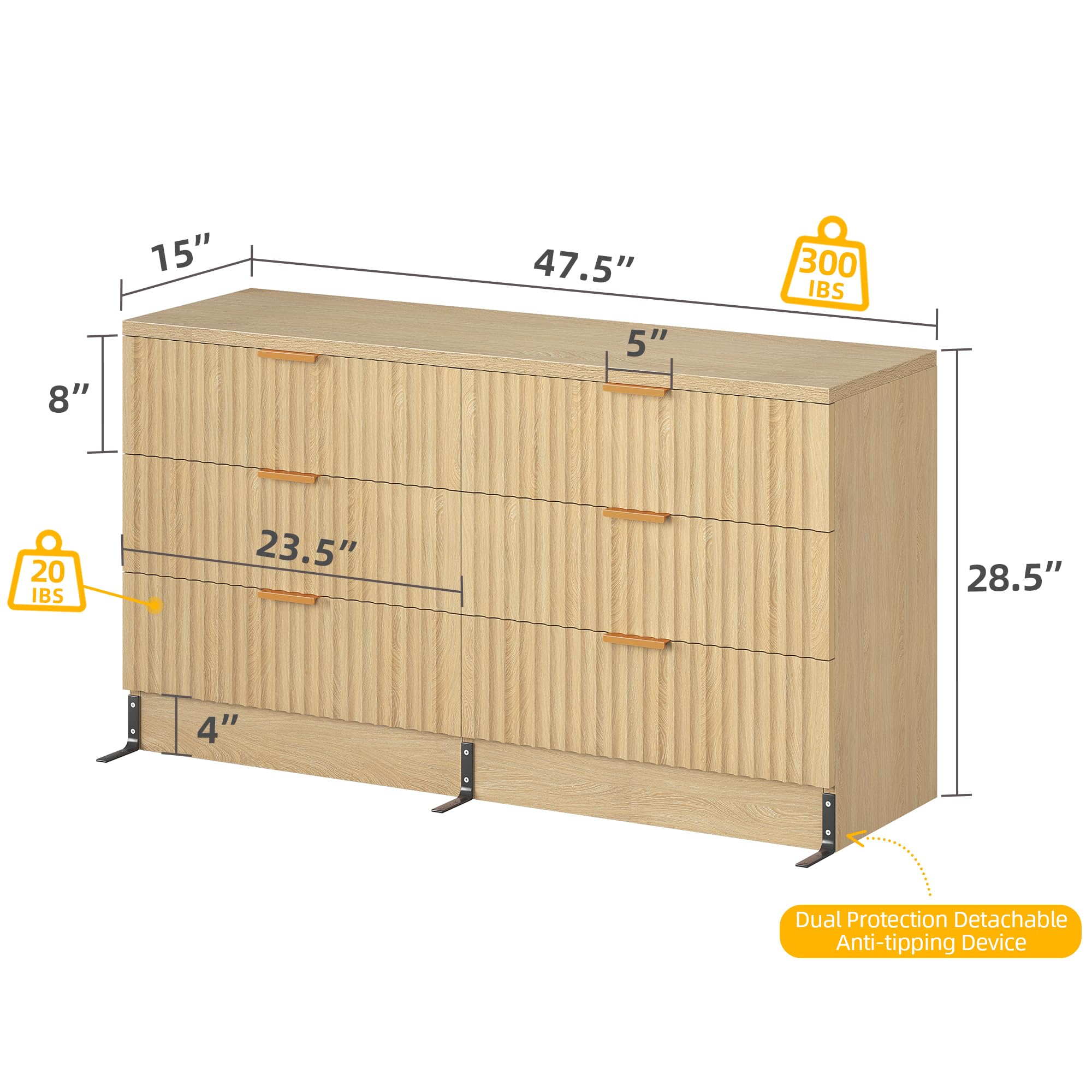 DWVO Fluted Sideboard Cabinet with 6 Drawers, Self-Standing Buffet Cabinet, Modern Drawers Dresser, Wooden Storage Cabinet for Living Room, Entryway, Hallway, Natural Oak