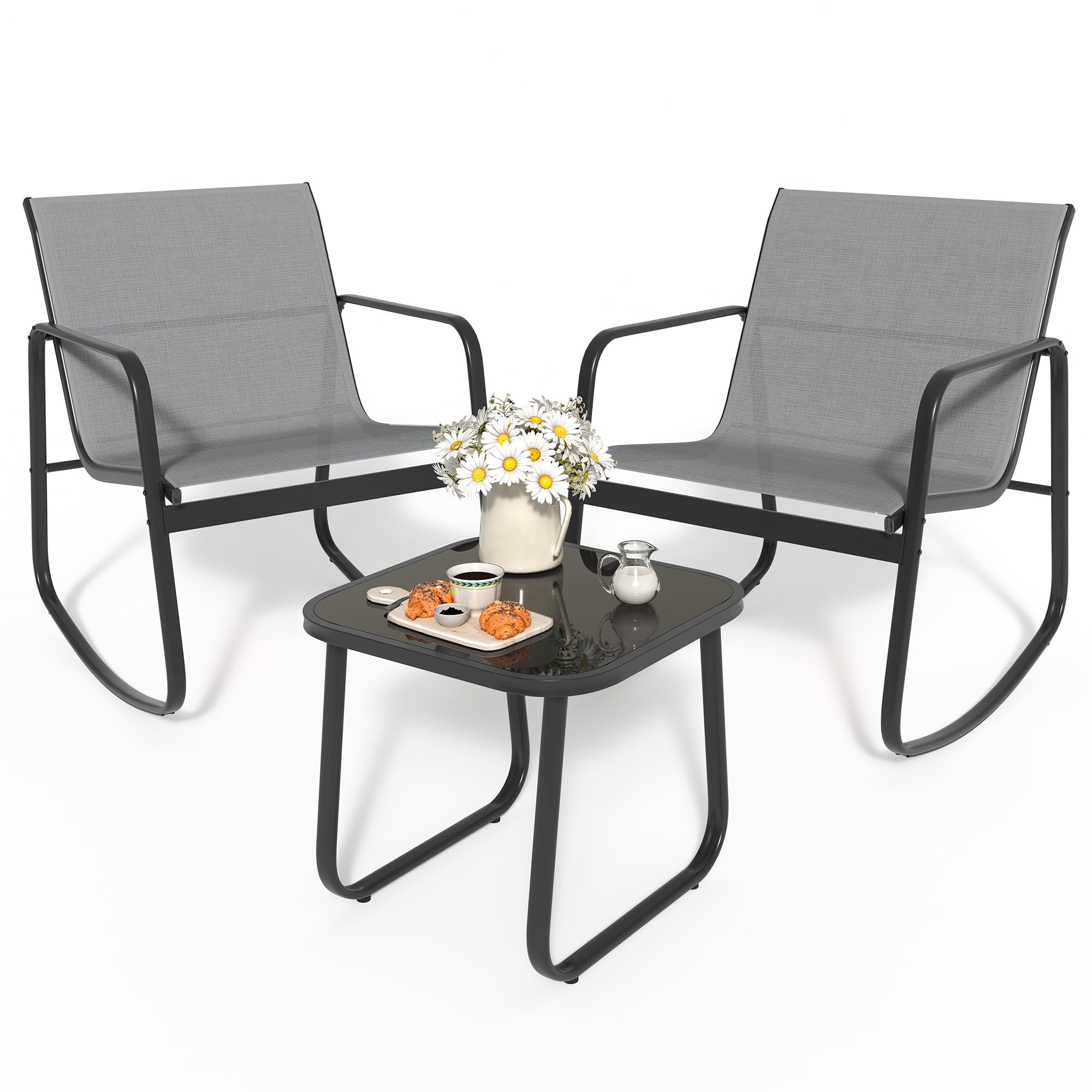 YITAHOME 3 Piece Patio Furniture Set, Small Outdoor Conversation Set with Textilene Fabric Bistro Rocking Chairs and Glass Table for Balcony Backyard Lawn Porch Garden Poolside (Grey)