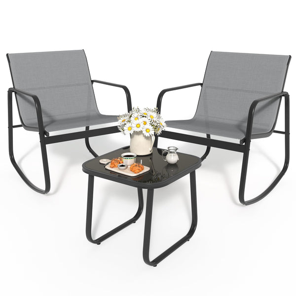 YITAHOME 3 Piece Patio Furniture Set, Small Outdoor Conversation Set with Textilene Fabric Bistro Rocking Chairs and Glass Table for Balcony Backyard Lawn Porch Garden Poolside (Grey)