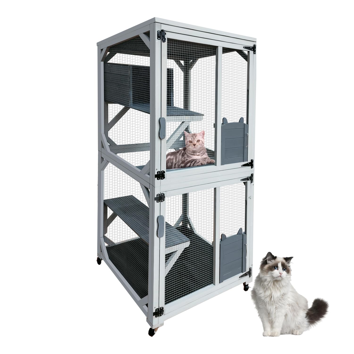 71'' Catio Outdoor Cat House on Wheels, Outdoor Cat Enclosure for 2 Cats Cat Cage with Waterproof Cover, Feral Cat Shelter with 4 Platforms and Resting Box