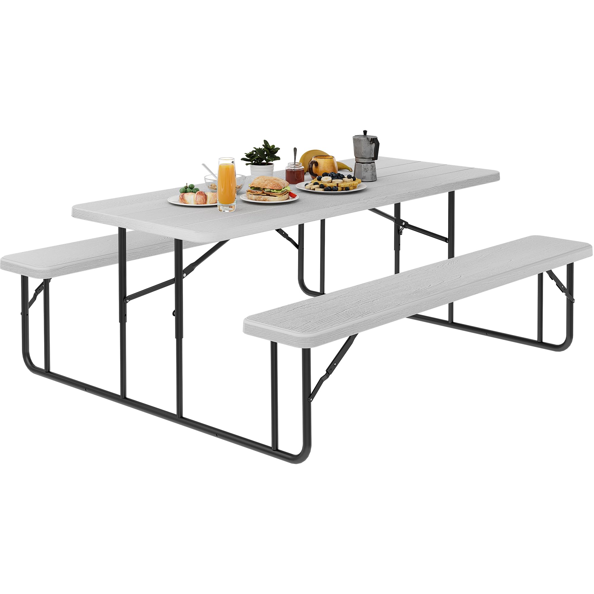 YITAHOME 6FT Large Folding Picnic Table w/Easy Assembly Steel Frame & Wood Like Tabletop, All Weather Folding Picnic Tables with Benches Ideal for Yard Patio Lawn Party, White