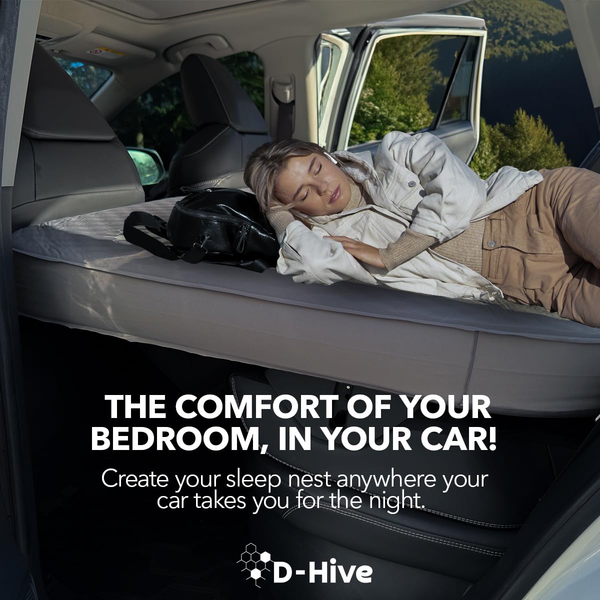 D-Hive Camping Mattress - Compatible with Tesla Model Y, 4.5" Extra Thick Self-Inflating Air Mattress, Self-Inflating Sleeping Pad Car Mattress, Solid Foam for All-Seasons, Fits SUVs incl Pump