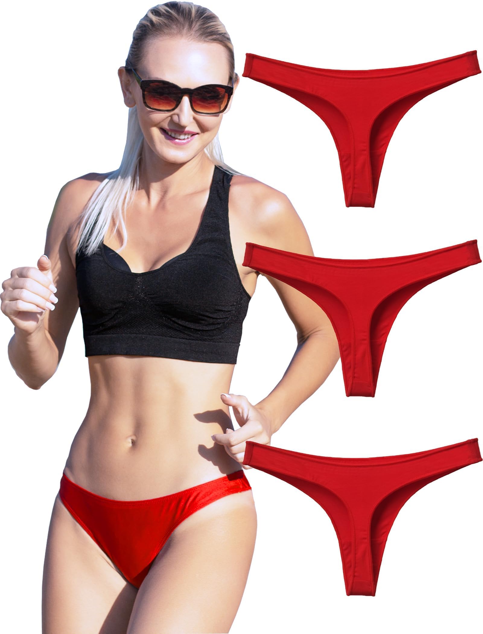 KUKU PANDA Womens Cotton Thongs Underwear Breathable No Show Cheeky Panties Tangas Sexy for Everyday Workout 3 Pack Set (Red, X-Small)
